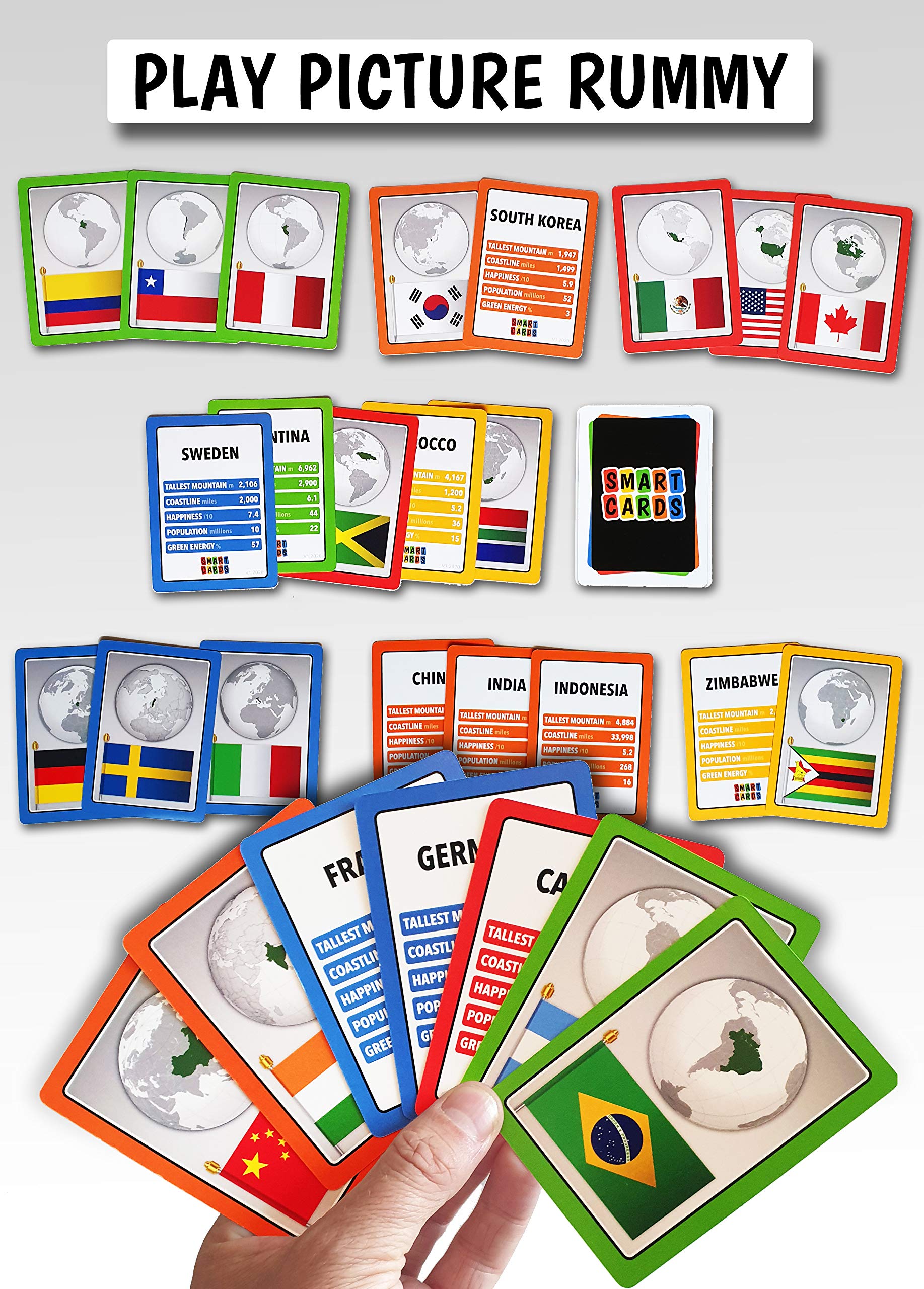 SMART CARDS Drapeaux de pays et continents – Cartes d'apprentissage et à jouer, jouer à 7 jeux classiques, Trumps, Rummy, Quiz de paires, Guess Who, Happy Families et plus encore