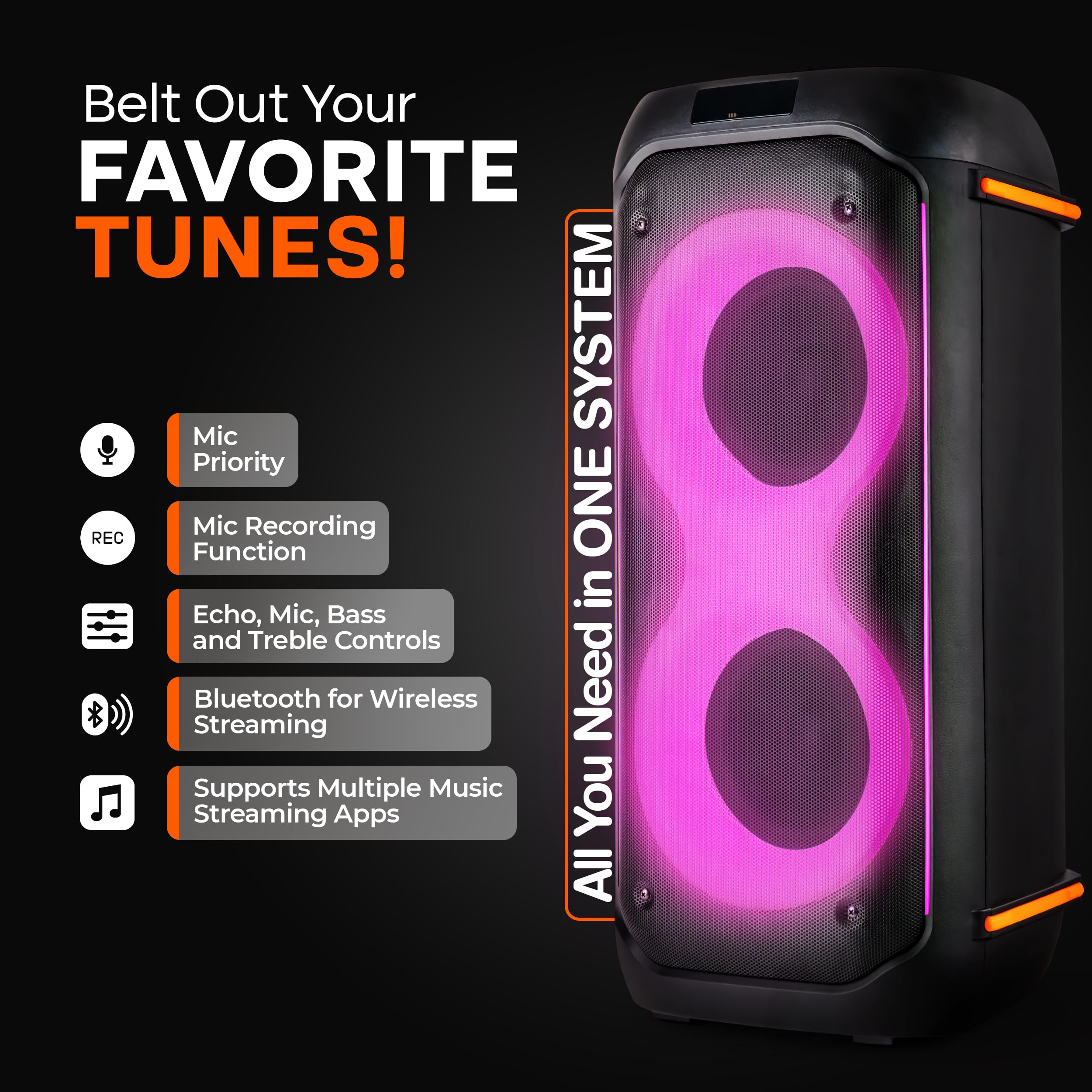 Pyle Bluetooth-Party-Lautsprecher 160W, Karaoke-System mit 2X 6,5", Mikrofon, Akku, USB/SD/FM/TWS, Partylichter & Tasche, 30x30x67 cm