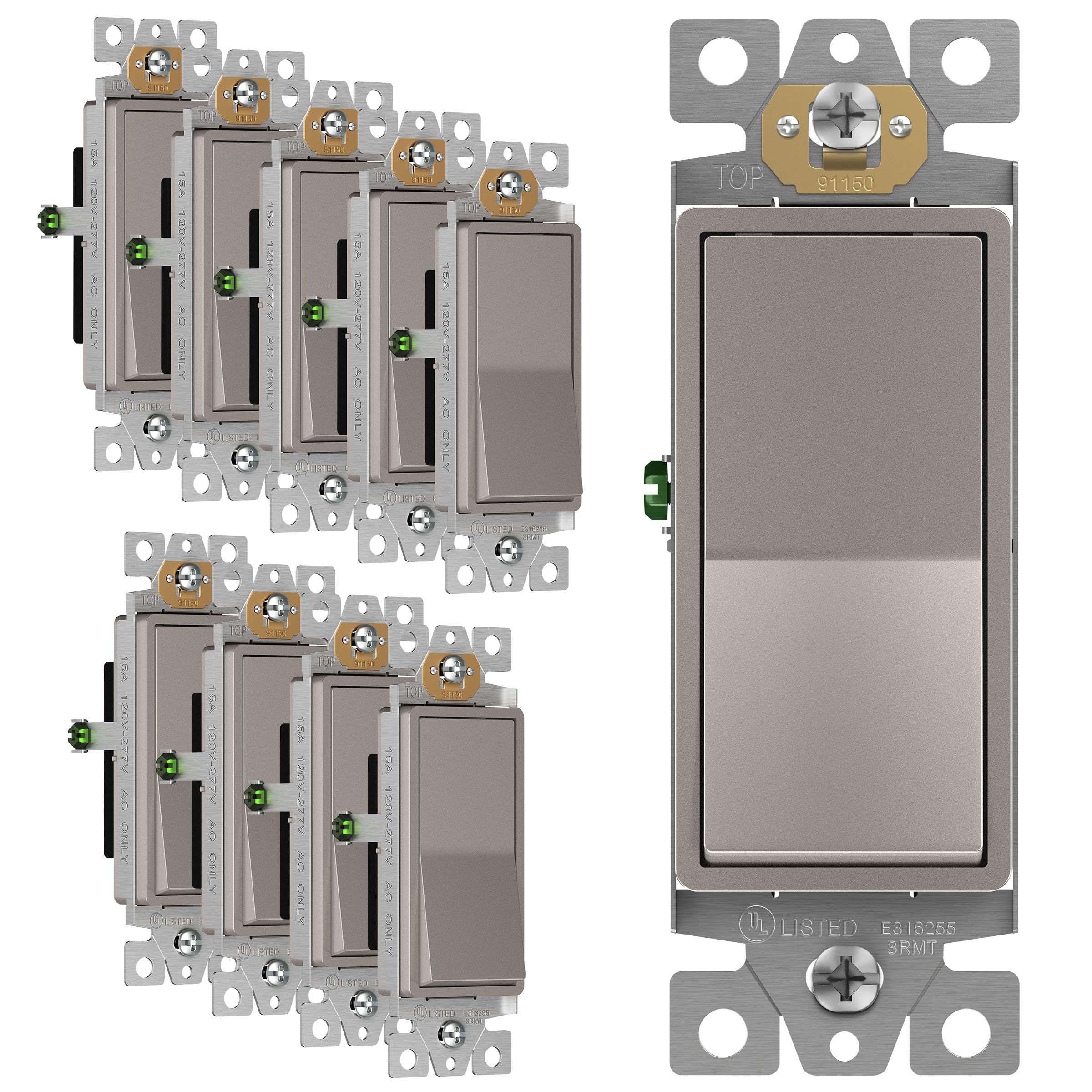 ENERLITES Elite Series Decorator Rocker Light Switch, 15A 120V/277V, Gloss Finish, Single Pole, 3 Wire, Grounding Screw, Residential Grade, UL Listed, 91150-NK-10PCS, Nickel Color (10 Pack)