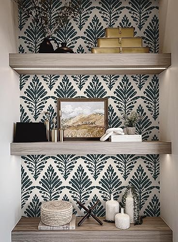 Miniatura 5 de Yasinet Papel tapiz moderno para despegar y pegar, papel de contacto bohemio blanco y verde oscuro, papel tapiz de hojas autoadhesivo, extraíble,