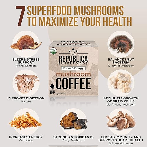 Miniatura 3 de La Republica - Café orgánico de hongos instantáneos, paquete de 10 porciones individuales (100% arábica colombiana, melena de león, reishi, chaga,