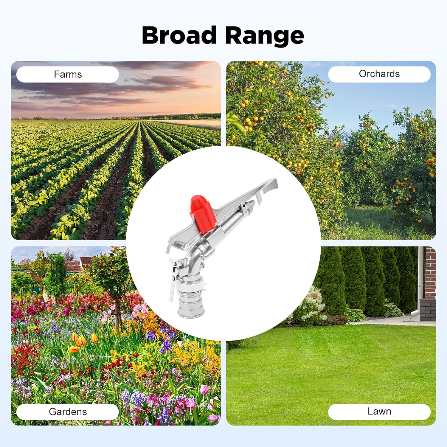 2‘’ Agriculture Irrigation Sprinkler, 360°Adjustable Rotation Speed Zinc Alloy Watering Sprayer Gun, Dual Spray Nozzles Large-Area Watering Impact Sprinkler for Farms, Orchards, Forestry