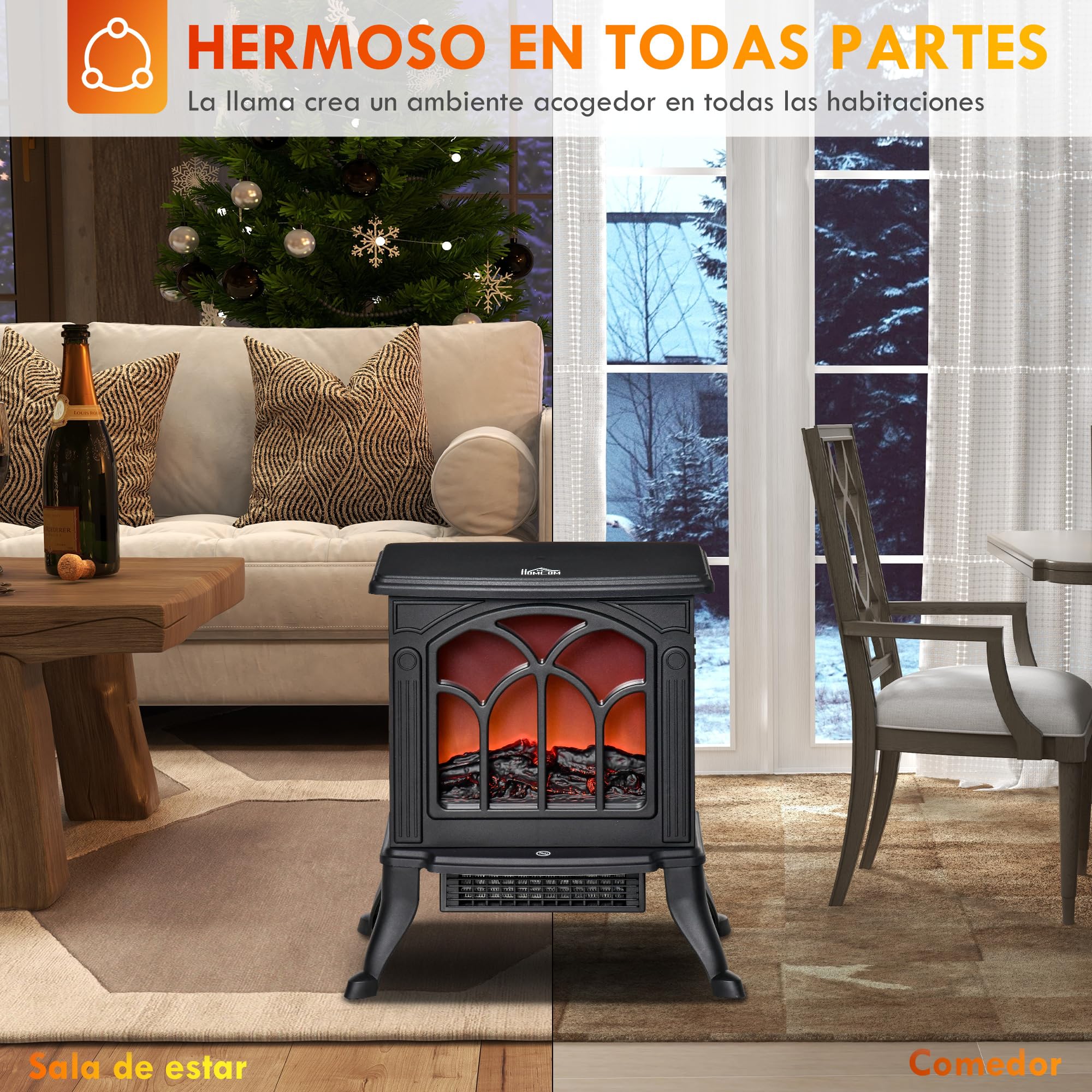 HOMCOM Chimenea Eléctrica de Pie 750/1500 W, Chimenea Decorativa con 2 Niveles de Potencia, Efecto Llama, Protección Sobrecalentamiento, Área de Cobertura 15-20 m², Negro