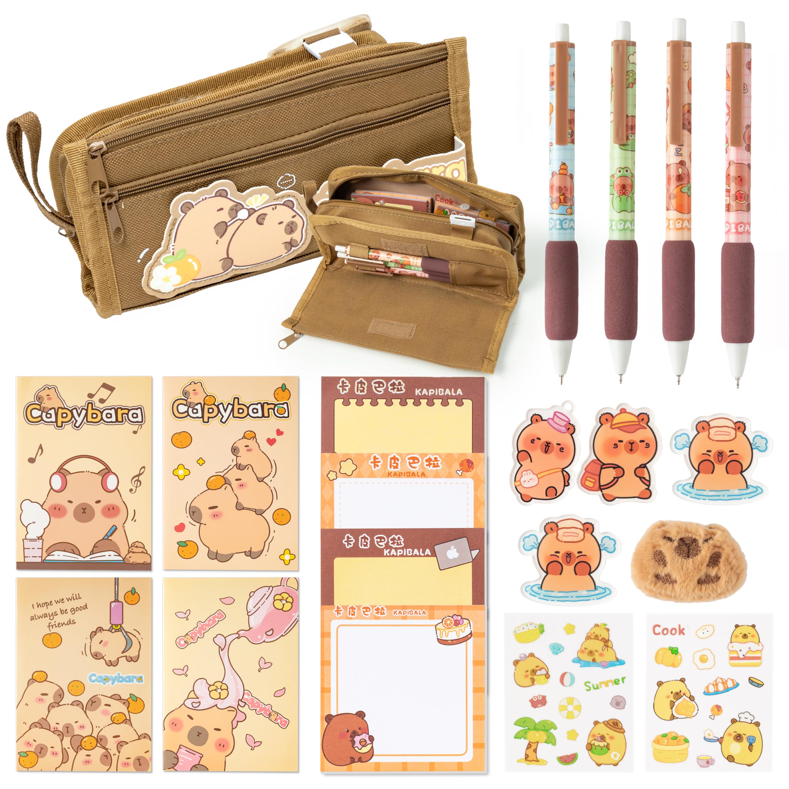 GwaOery Capybara Stationery Set - Multifunctional Pencil Pouch Large Capacity Case with Zip Multi-Layer Pencil Case Include Capybara Pens Keychains Sticky Notes for Office Kids School Supplies