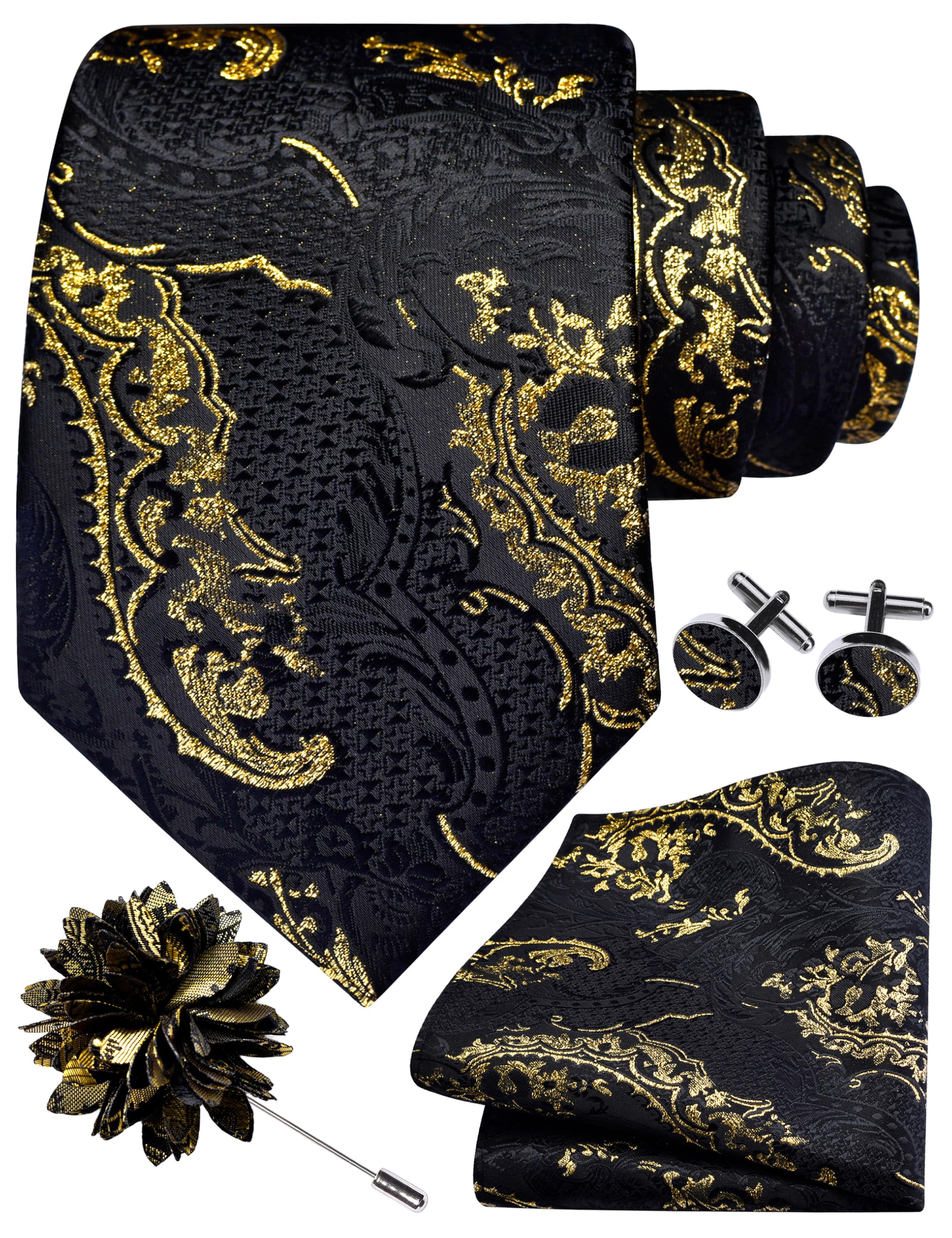 gusleson Men's 4Pcs Paisley Tie Set - Jacquard Necktie, Pocket Square, Cufflinks, Lapel Pin - Wedding Formal Gifts-picture-29