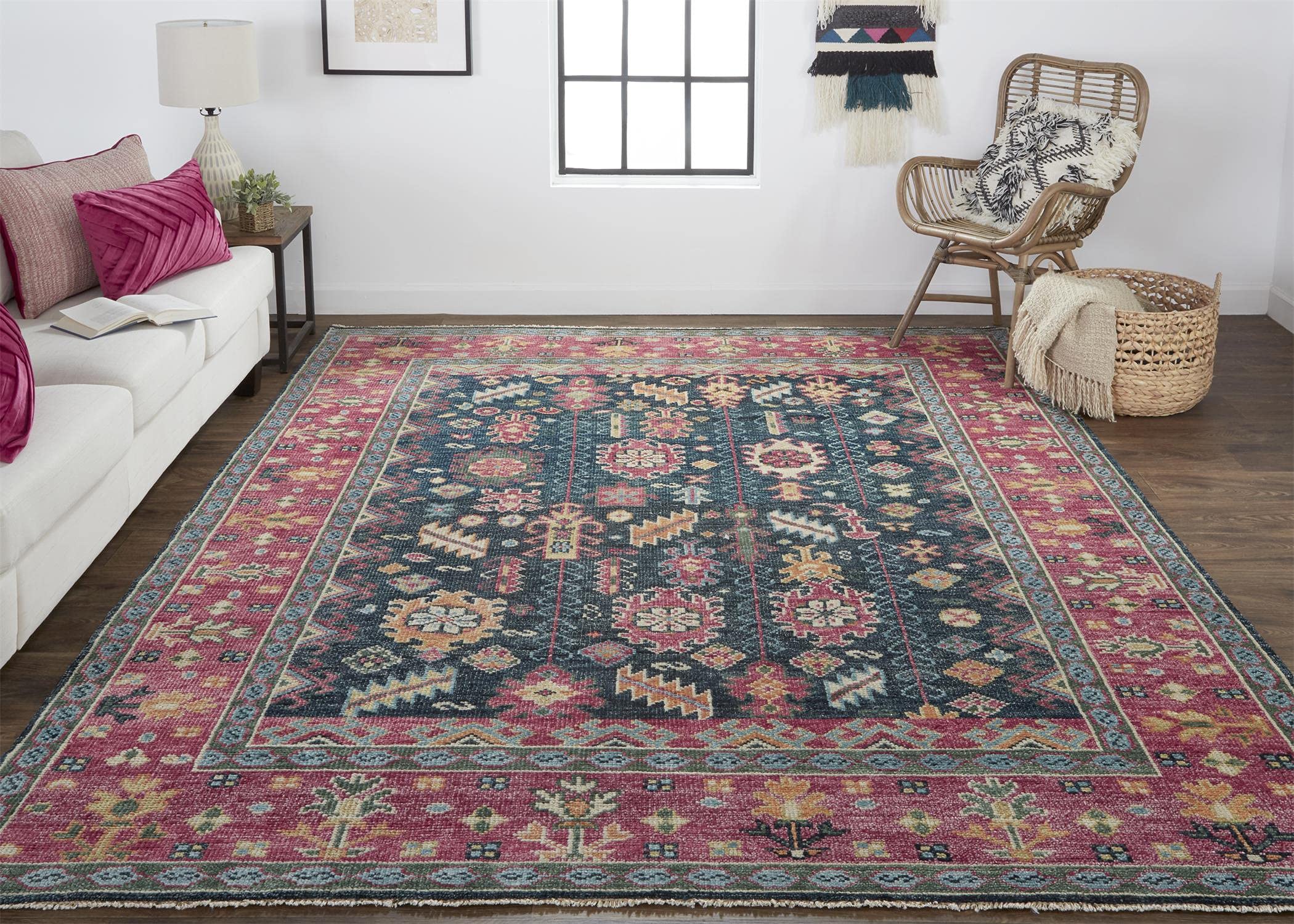 Feizy Rugs - Piraj Nordic Hand Knot Wool Rug, Carmine Pink/Indigo, 1ft-6in x 1ft-6in Square