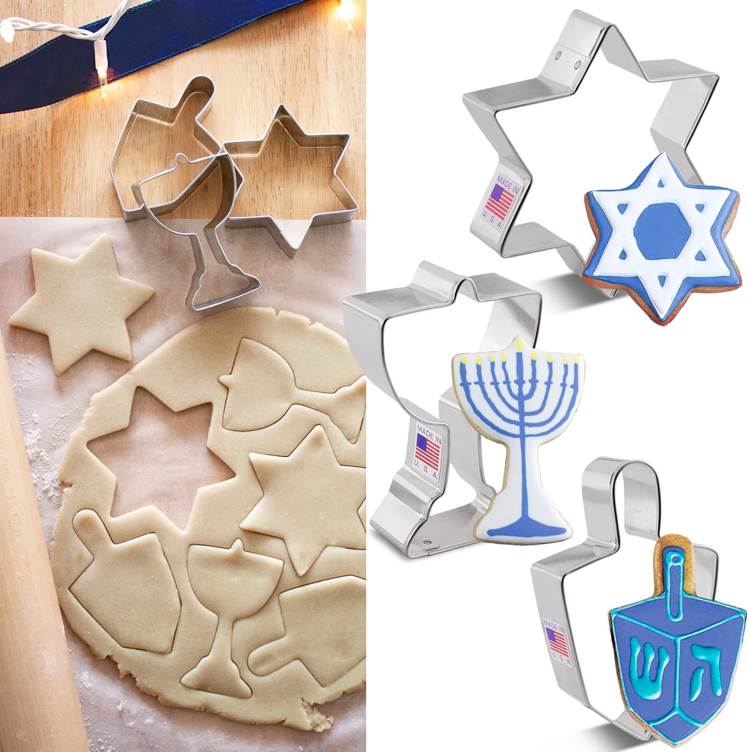 Ann Clark Cookie Cutters 3-Piece Hanukkah Cookie Cutter Set with Recipe Booklet, Star of David, Dreidel and Menorah