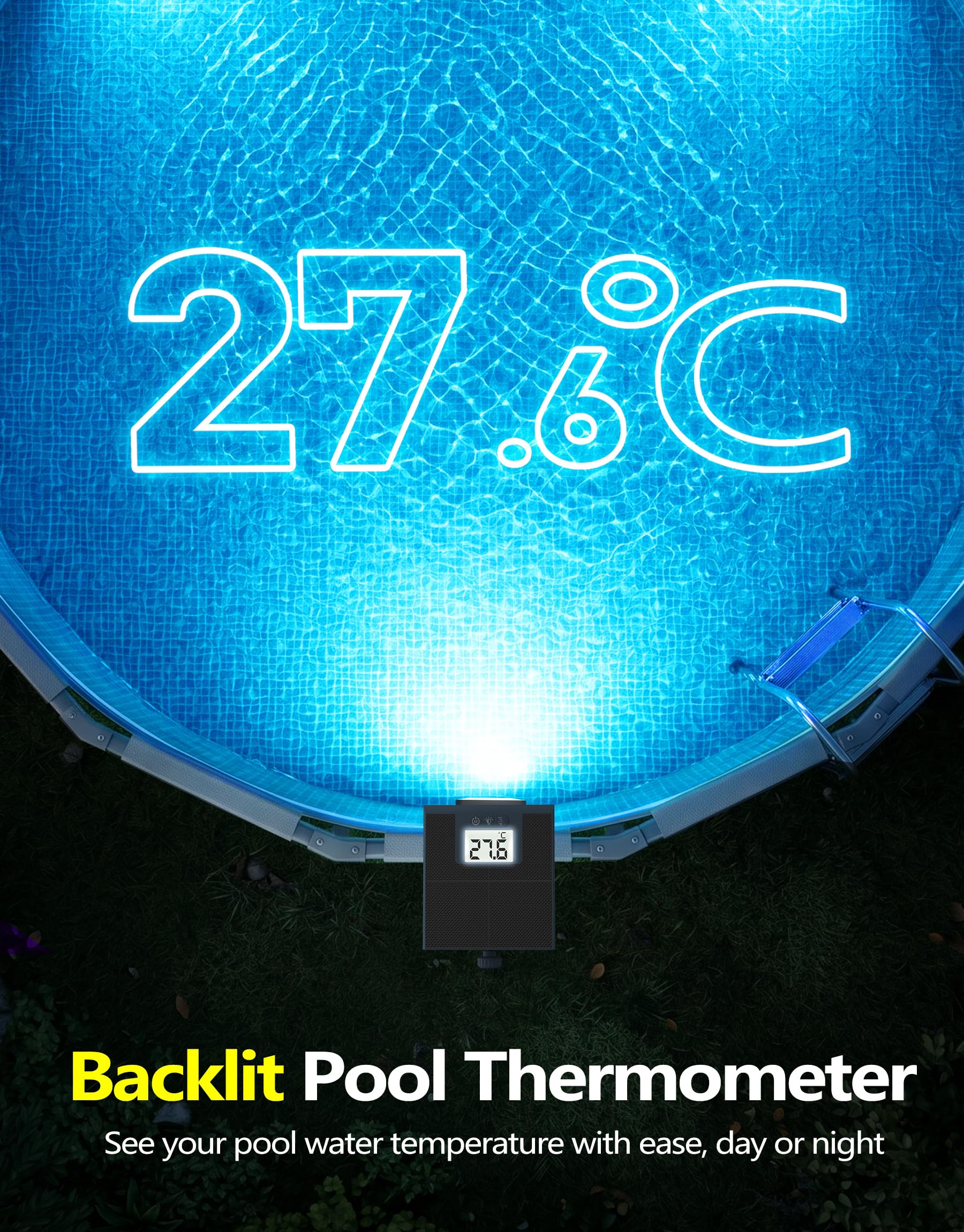 DeeprBlu 2-in-1 Poolbeleuchtung Solar für Metallrahmen-Aufstellpool, Digitales Poolthermometer mit Hintergrundbeleuchtung, Poolbeleuchtung Unterwasser mit Fernbedienung, Hochhelligkeit Pool Lichter