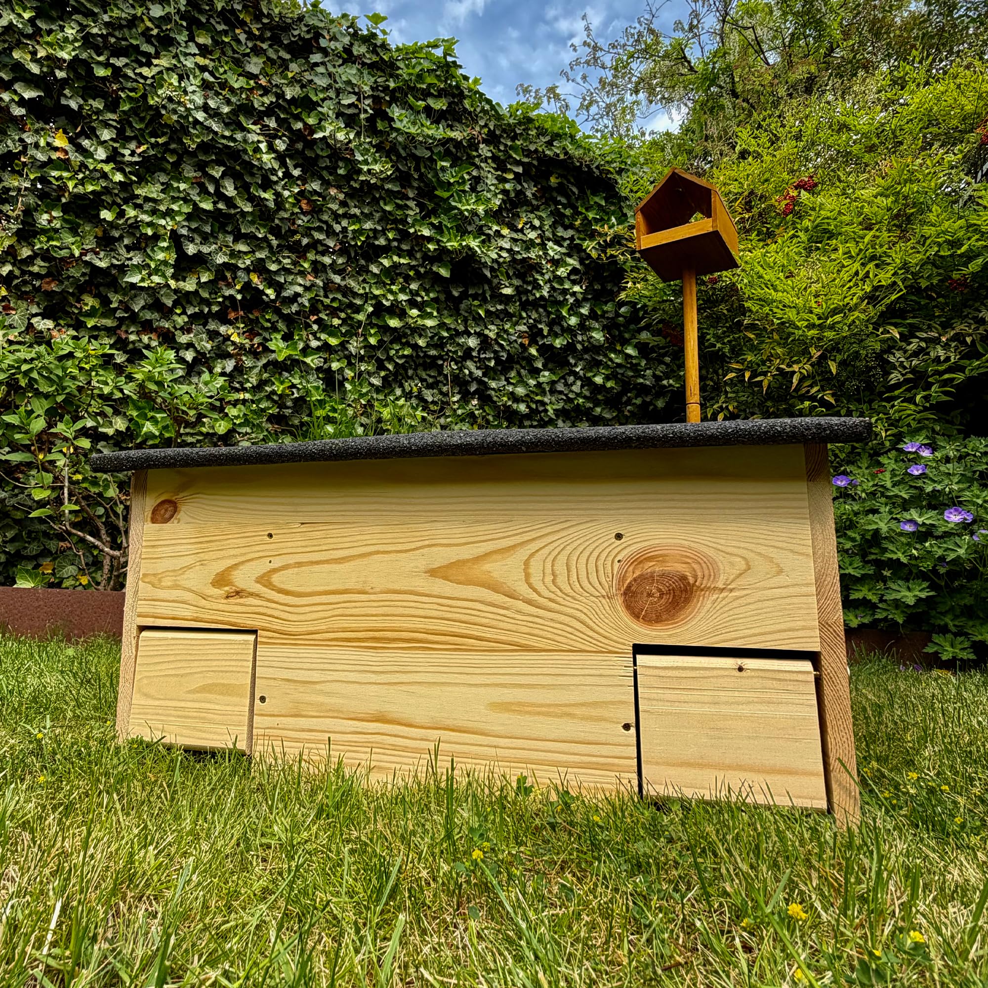 Igelfutterhaus mit Zwei Eingängen und Rattenklappen, Winterfest, Katzensicher, aus zertifiziertem Holz, produziert in Deutschland
