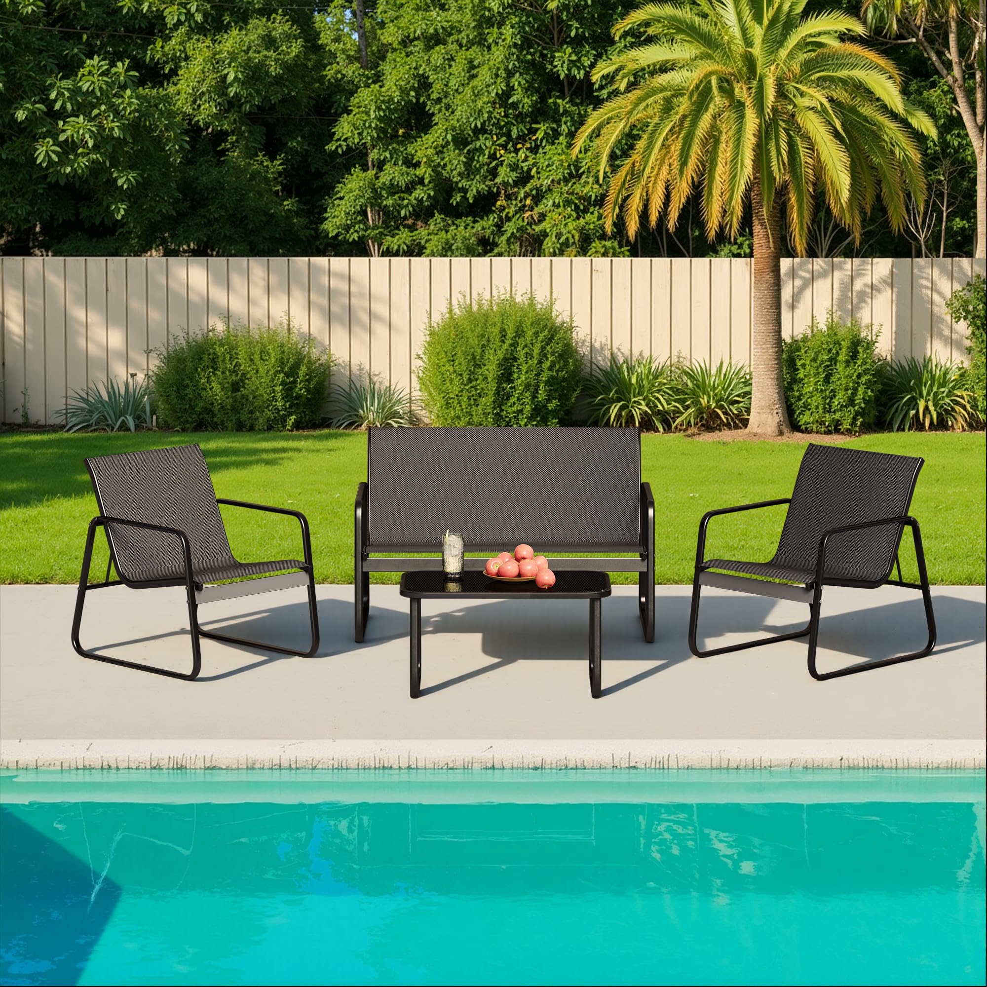 Conjunto de Jardín de 4 Piezas, con 3 Sillones y Mesa de Cristal, Muebles de Exterior para Patio, para Todas Las Estaciones, Terraza, Jardín, Balcón y Exteriores, Negro (Ensemble de 4 pièces)