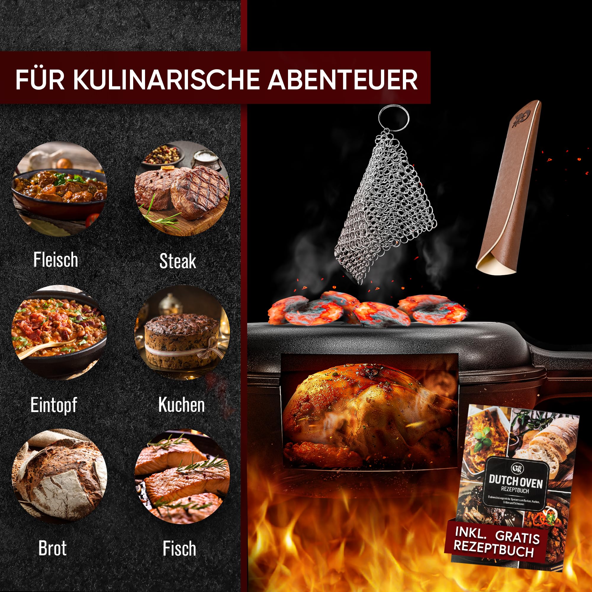 GUSSKÖNIG Dutch Oven - 2 in 1 Eingebrannter Gusseisen Topf 3L & Gusspfanne 1,5L - Cast Iron Pot mit Schmortopf Doppelfunktion - inkl. Kochbuch & Zubehör für BBQ, Camping & Küche - 30 Jahre Garantie