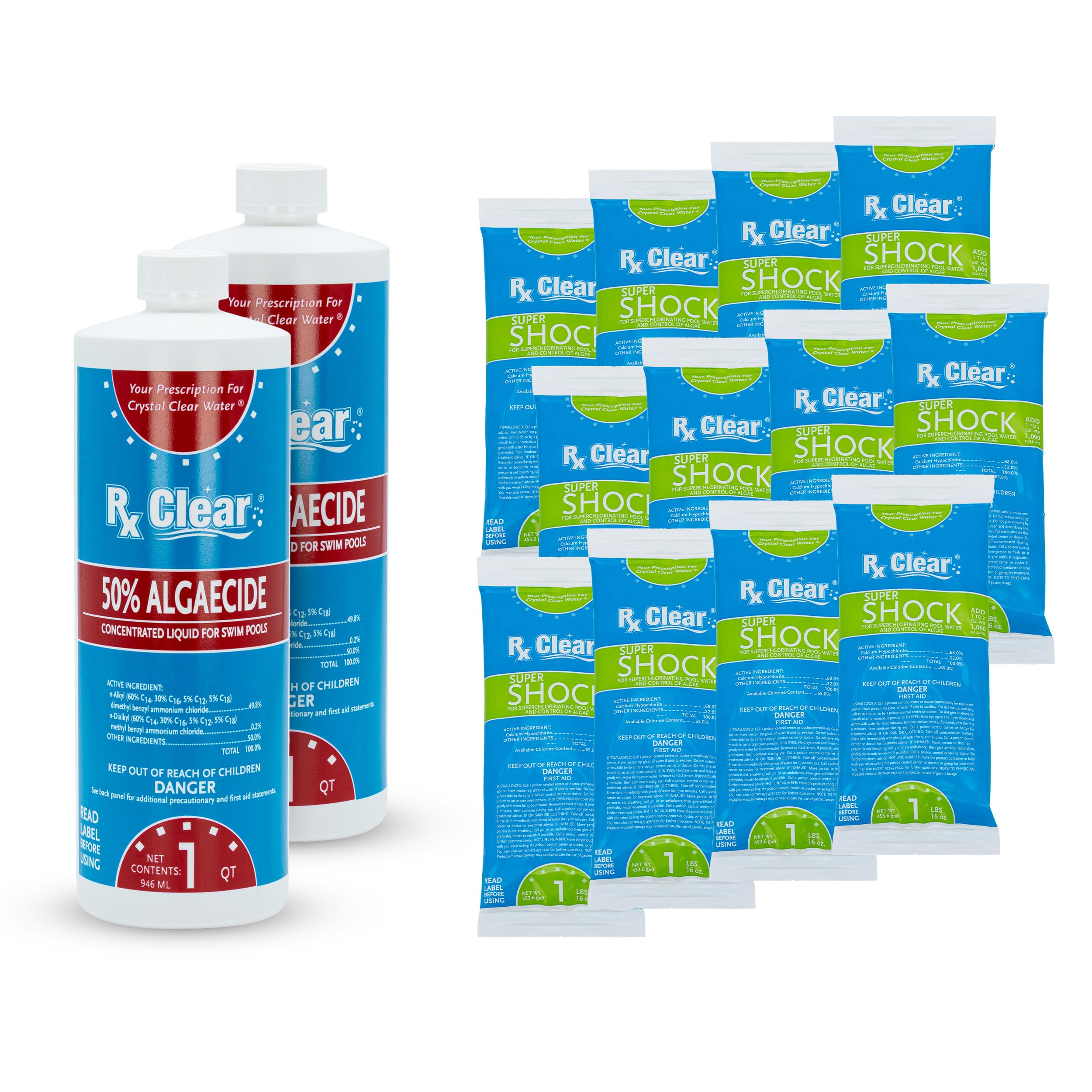 Rx Clear Algae Prevention Maintenance Kit | 3-Month Supply | Two 18 fl. Ounce Bottles of 50% Algaecide | 12 One Pound Bags of Super Shock - 68%
