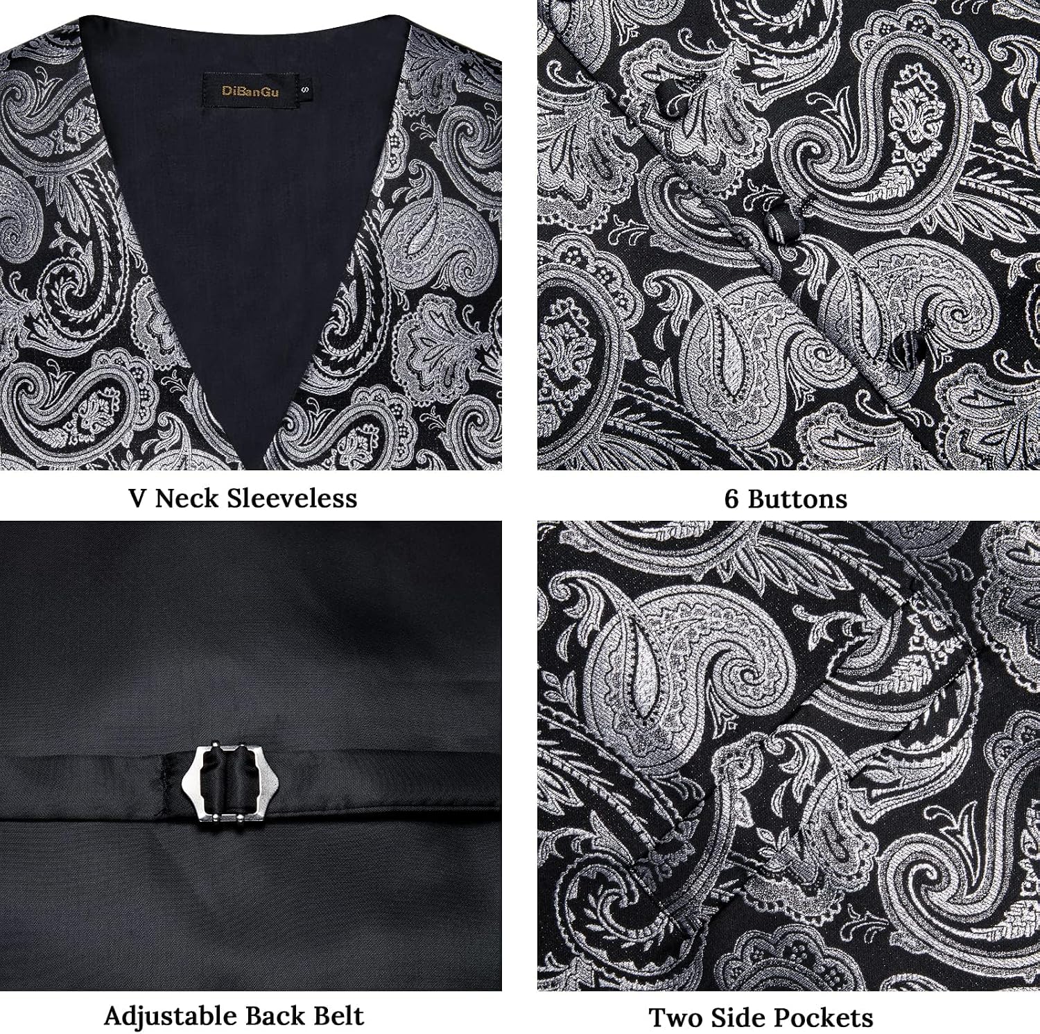 DiBanGu Mens Vest and Tie Set Formal Paisley Waistcoat and Necktie Pocket Square Cufflinks Silk Suit Vest for Tuxedo Wedding
