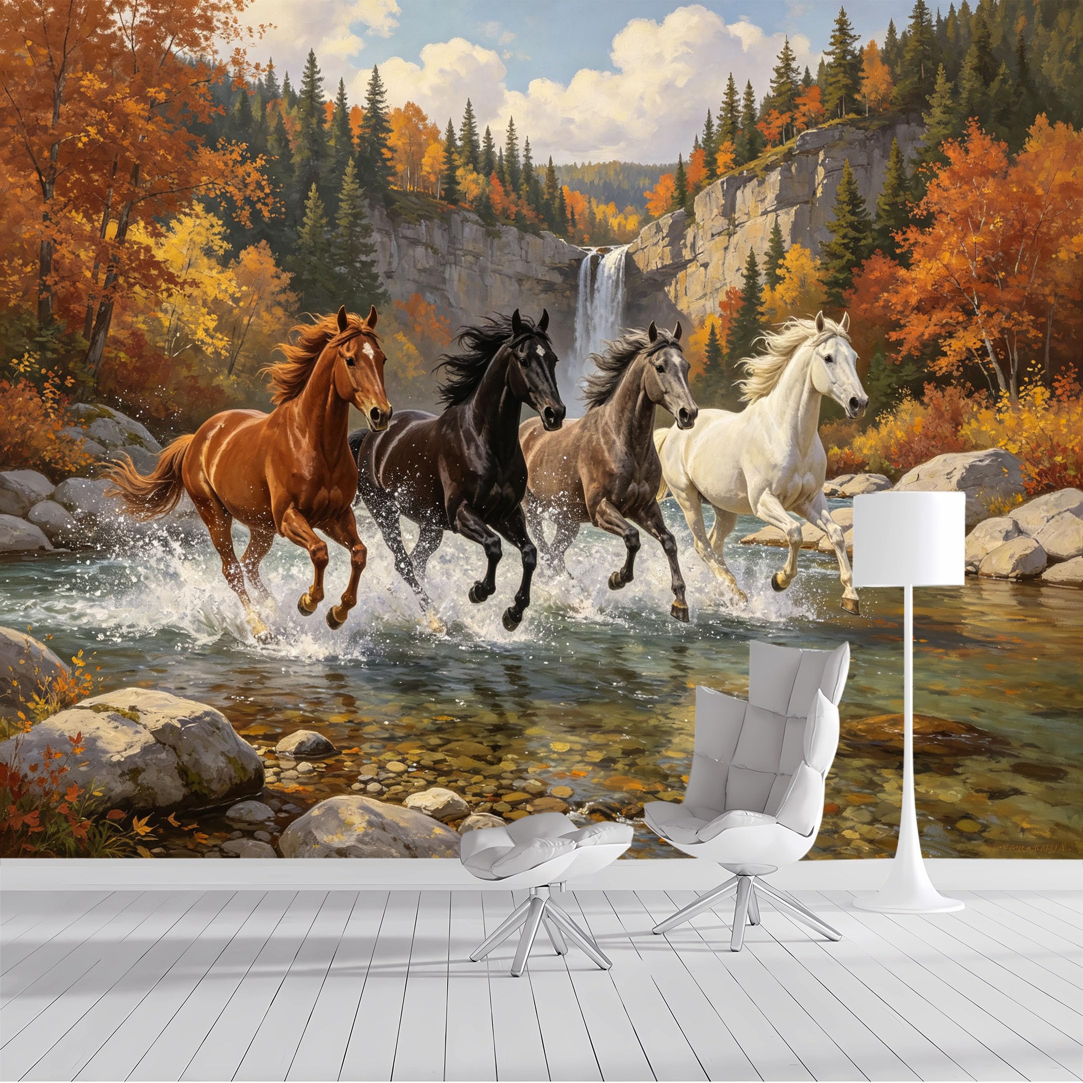 Custom Size Wall Mural Running Horses Autumn Waterfall SelfAdhesive Wall Fabric Removable Peel and Stick Wallpaper Wall Decor for Living Room Bedroom Bathroom