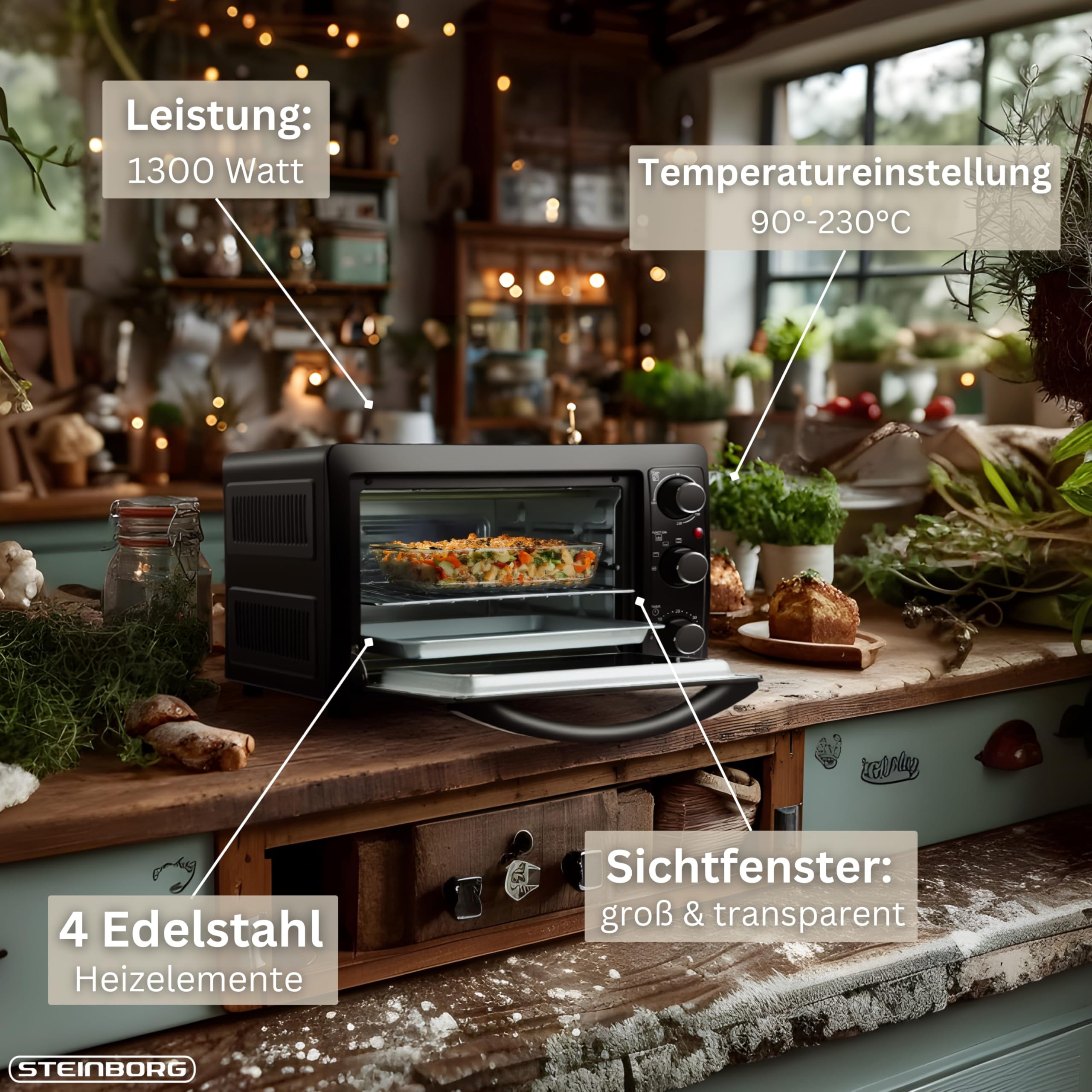 STEInBORG Mini Backofen 15 Liter Pizza-Ofen 3in1 Backofen Minibackofen Miniofen Krümelblech Ober-/Unterhitze Energiesparend 60 min.Timer