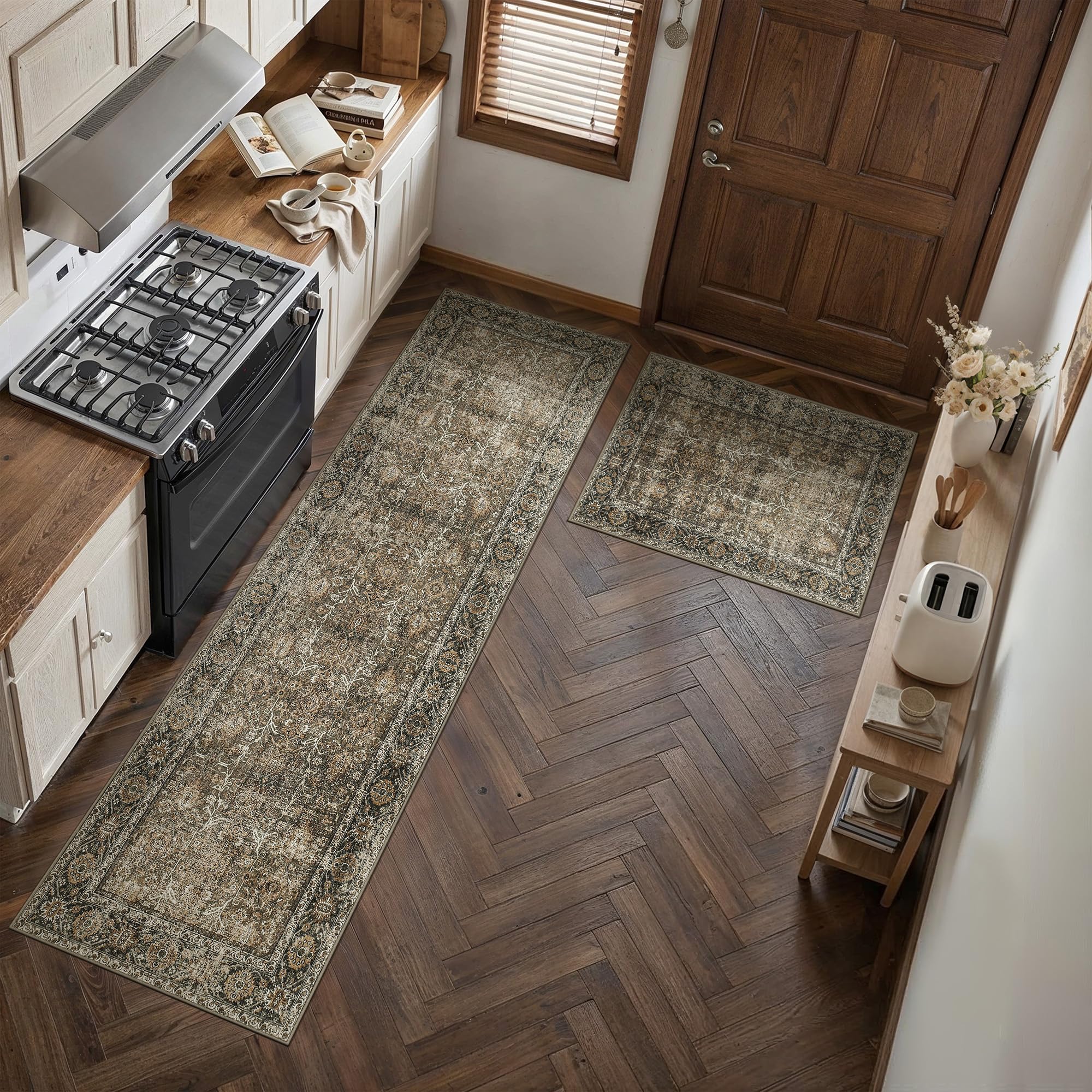PureCozy Brown Kitchen Rug Set 2 Piece 2x3+2.6x8 Vintage Distressed