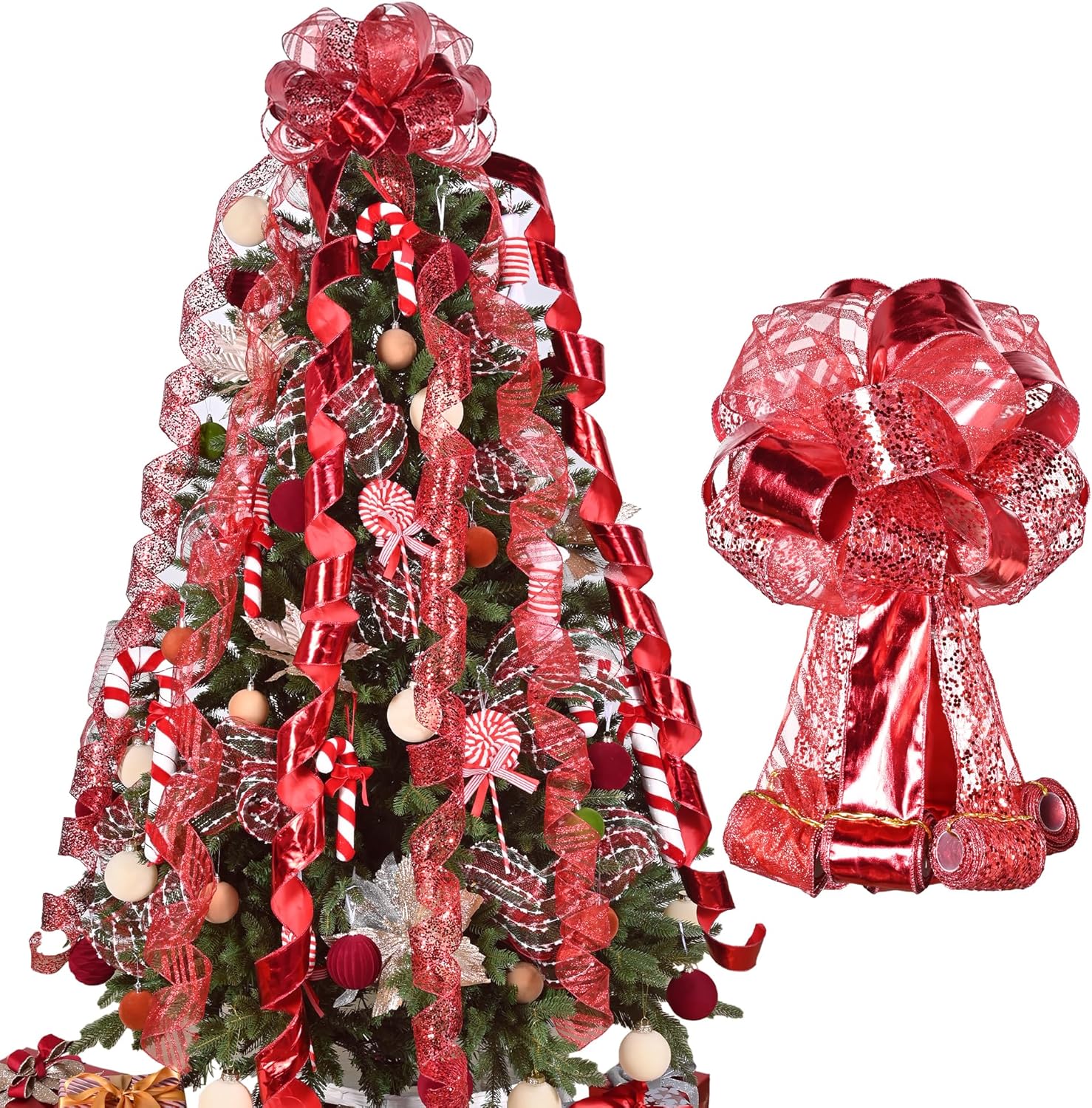 Red Glitter Metallic 11 Inch Valentine's Day Bow with 6 Ribbon Streamer Tails Each 3 Yards Long Large Handmade Ribbon Bow for Spring Holiday Party Wedding Decoration