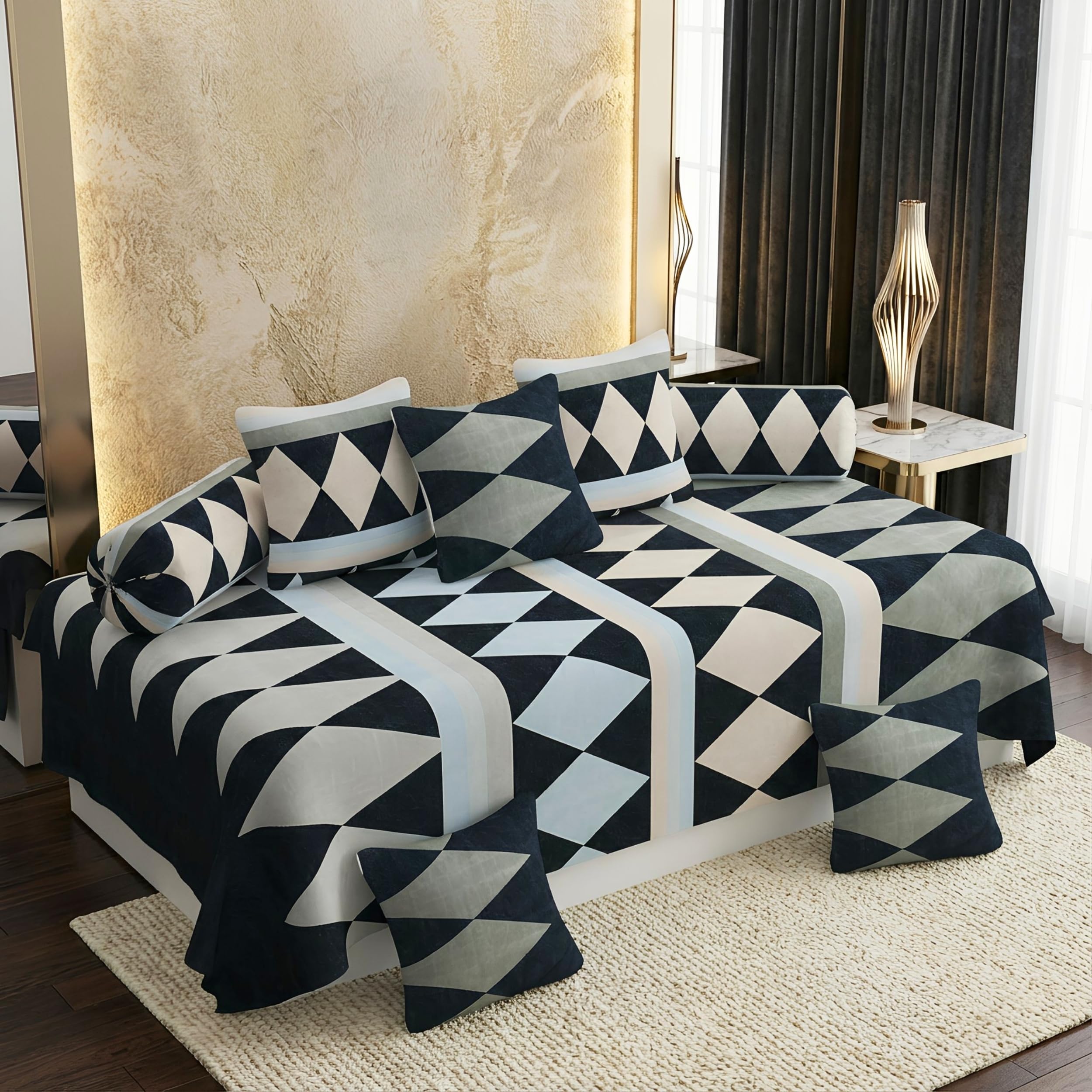Navy Blue Floral Diwan Set - 8 Piece Microfiber -8