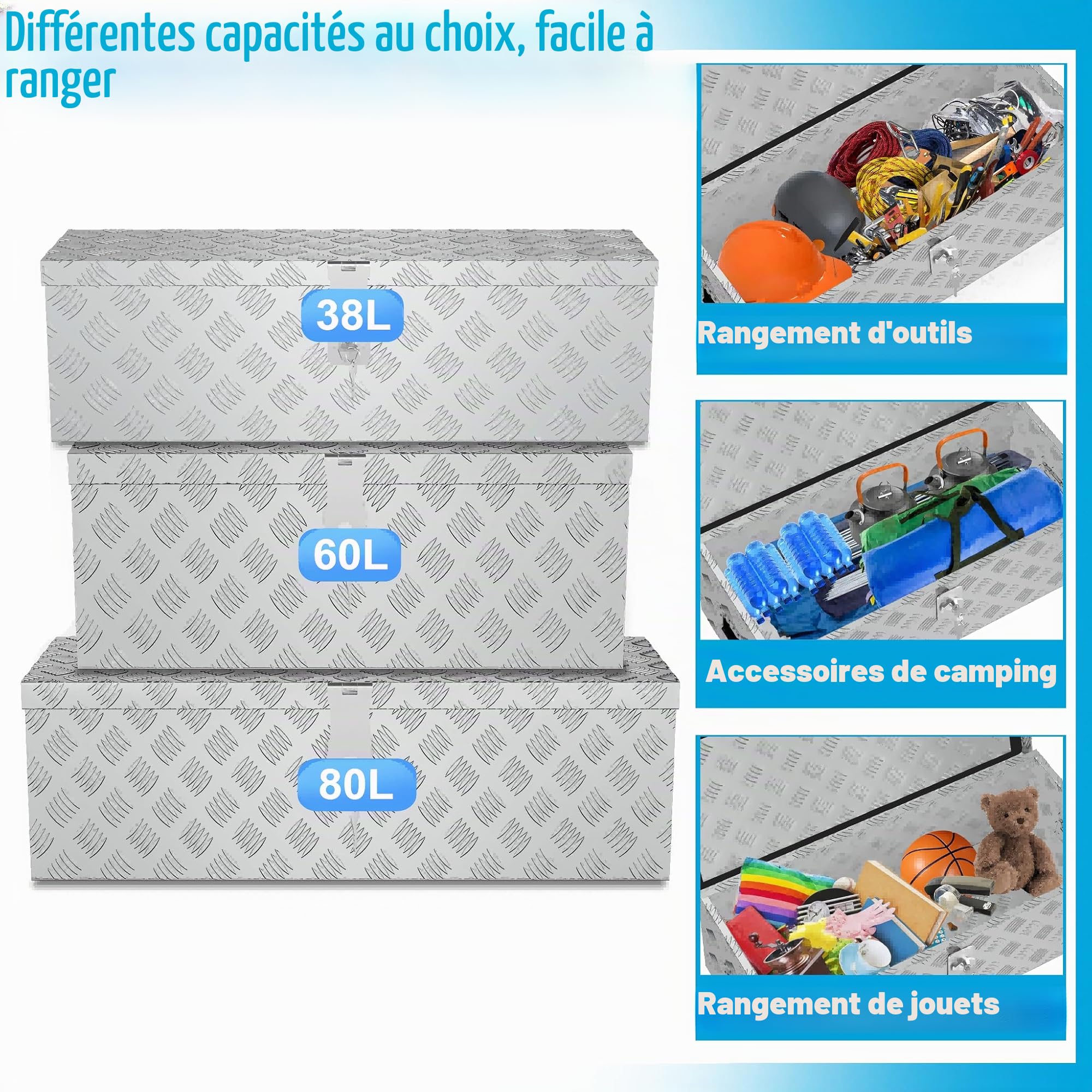 XMTECH Boîte de transport en aluminium de 60L, boîte de rangement en aluminium, mallette en aluminium, boîte en aluminium pour camion, argent, boîte de stockage, mallette de transport, boîte de