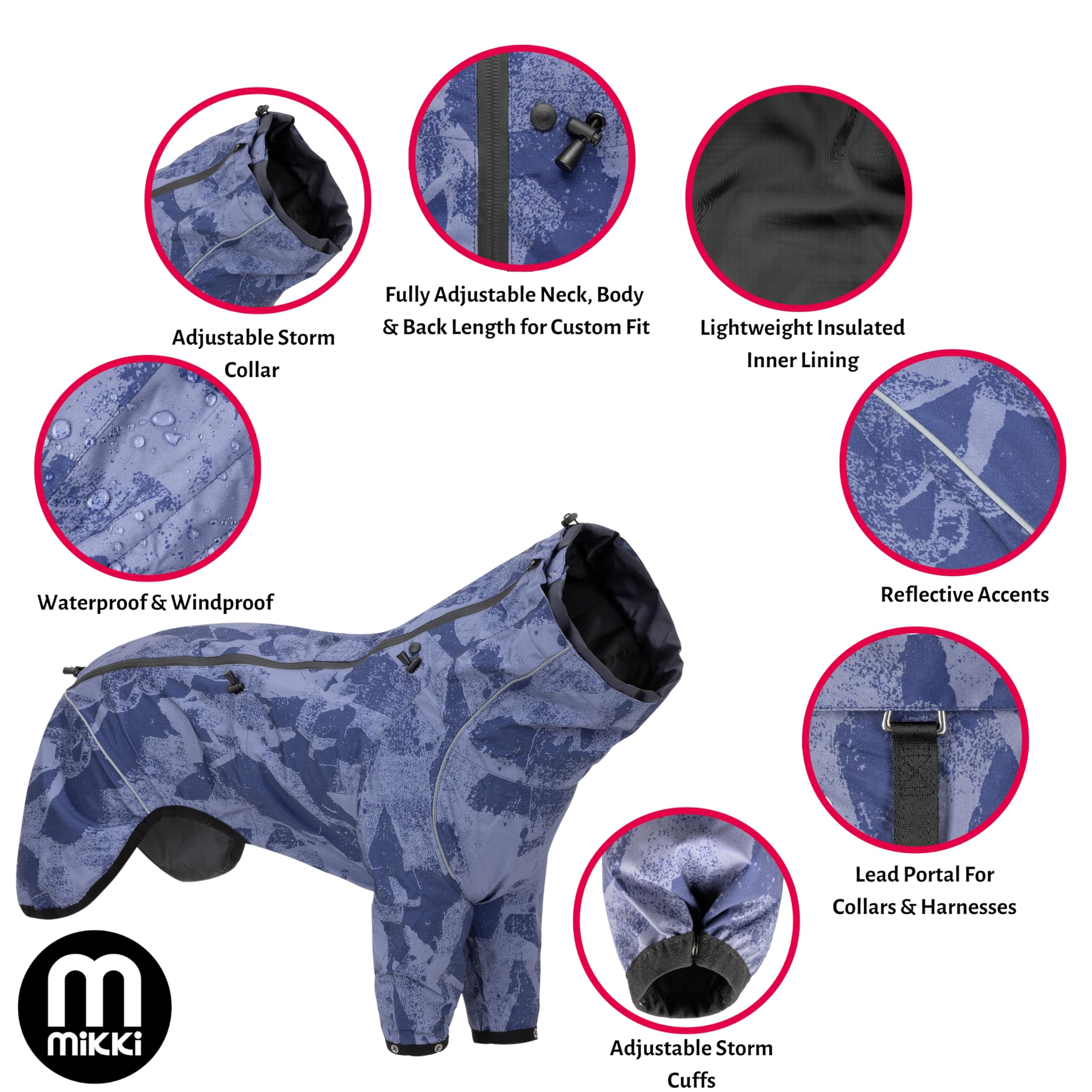 Mikki Allwettermantel für Hunde und Welpen, wasserdicht, Winddicht, atmungsaktives Material, verstellbar, versiegelte Nähte, um kaltem und nassem Wetter standzuhalten, verstellbare Taille, Hals und
