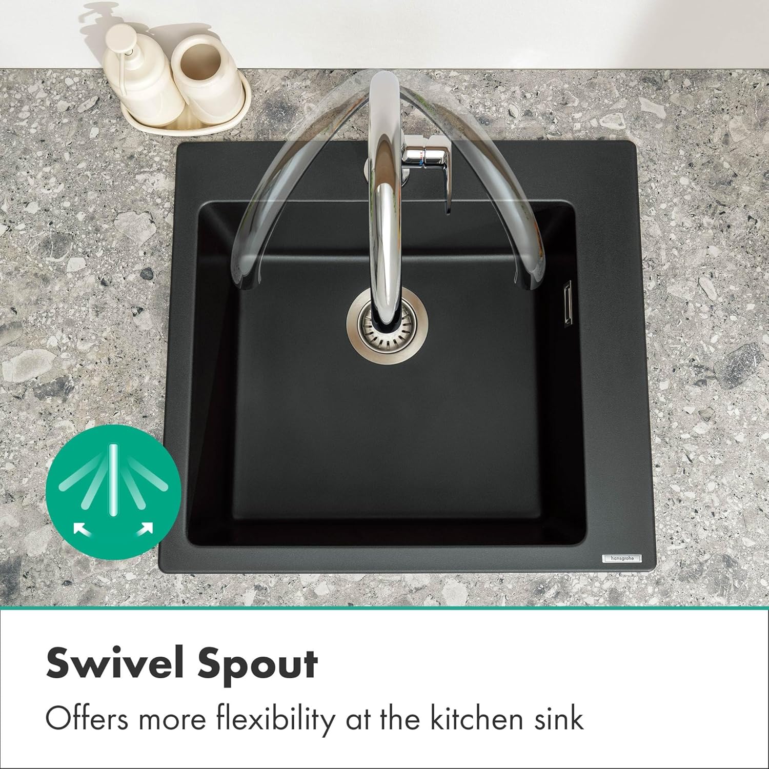 Ზემოდან ქვემოთ view of the Hansgrohe Vernis Blend M35 Kitchen Mixer showing the swivel spout functionality.