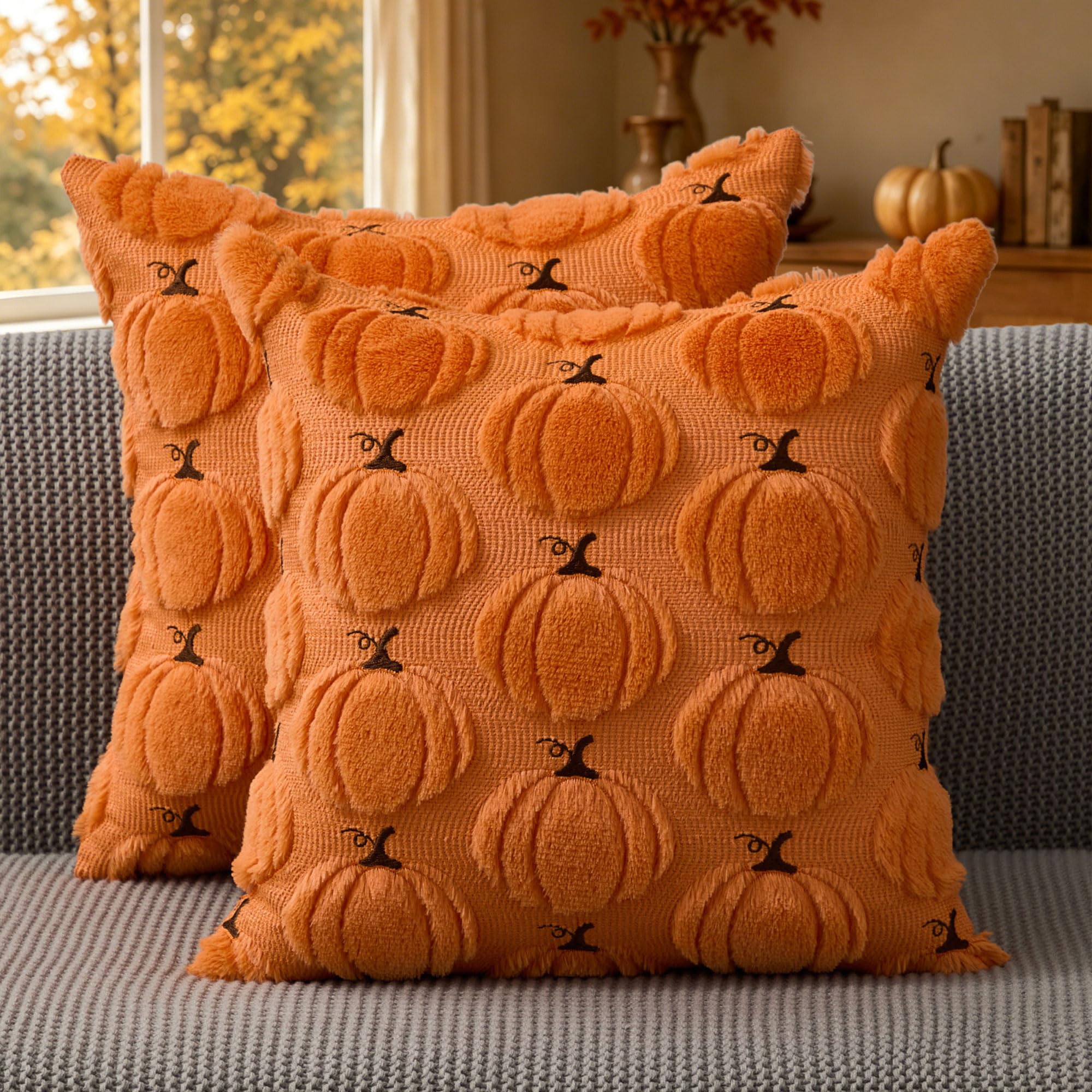 KUYZT Fall Pillow Covers 18x18 Orange Faux Fur Pumpkin Decor QZ03C18 | Set of 2 Pumpkin Embroidery Pillow Covers, Plush Faux Fur Couch Cushion for Livingroom Sofa Fall Harvest Thanksgiving Decor
