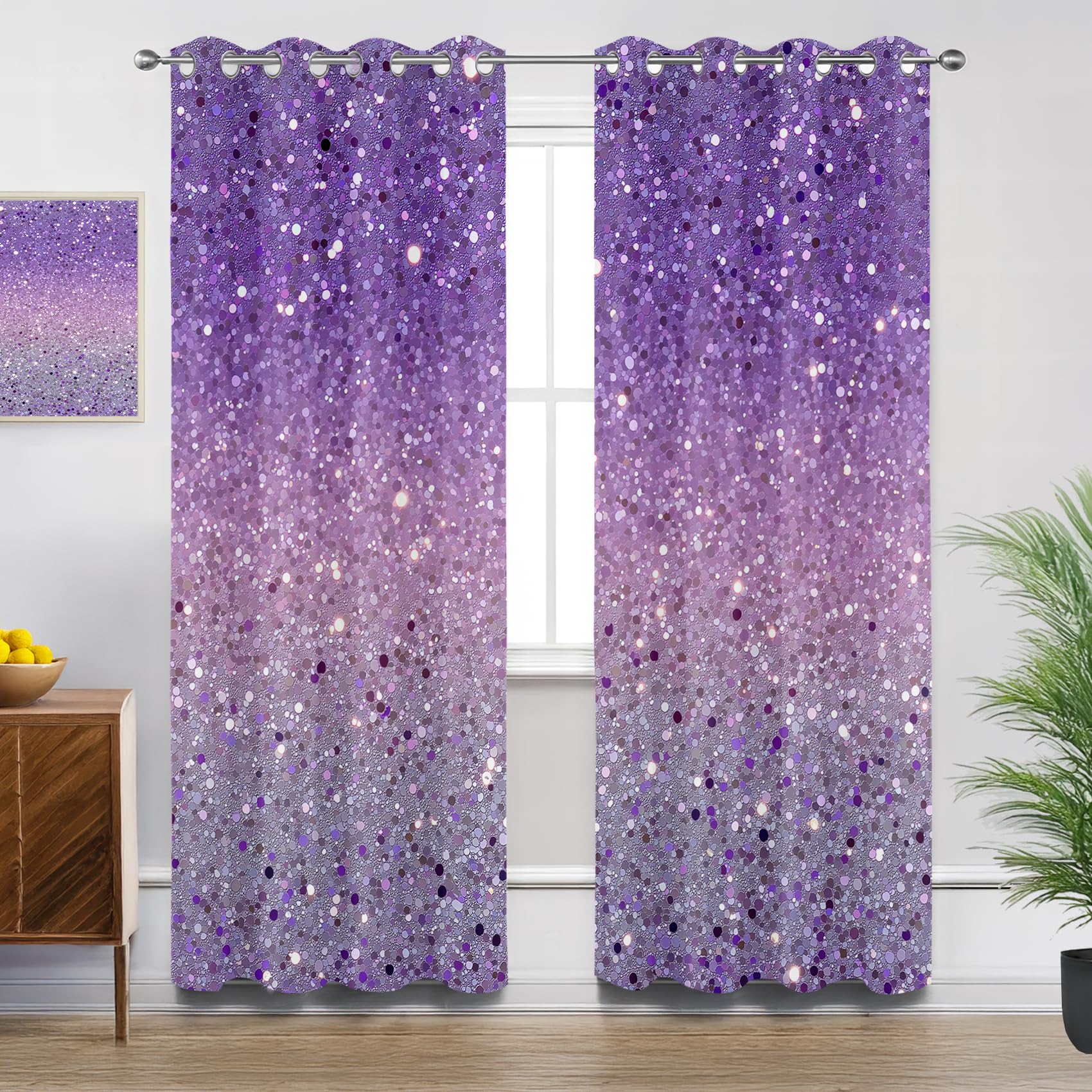 Mistela Purple and Grey Curtains for Living Room, Glitter Blackout Curtains Thermal Insulated Extra Long Bedroom Curtain Eyelet, W90 X D108, 2 Panels Drapes Home Decorations