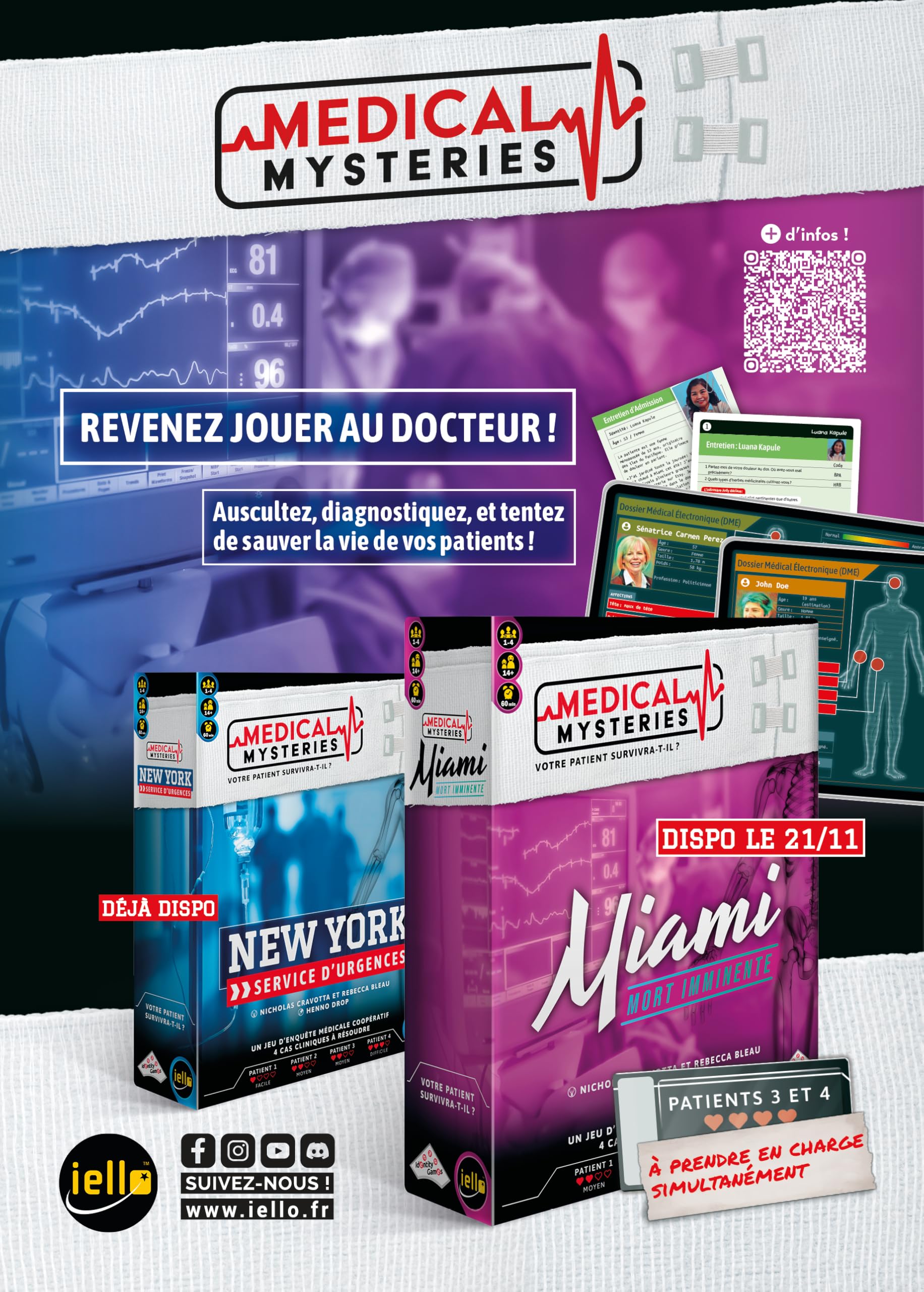 IELLO Medical Mysteries Miami – Version Française – Jeu de Société Coopératif d’Enquête Médicale et de Diagnostic | 1 à 4 Joueurs | 60 Min | Dès 14 Ans