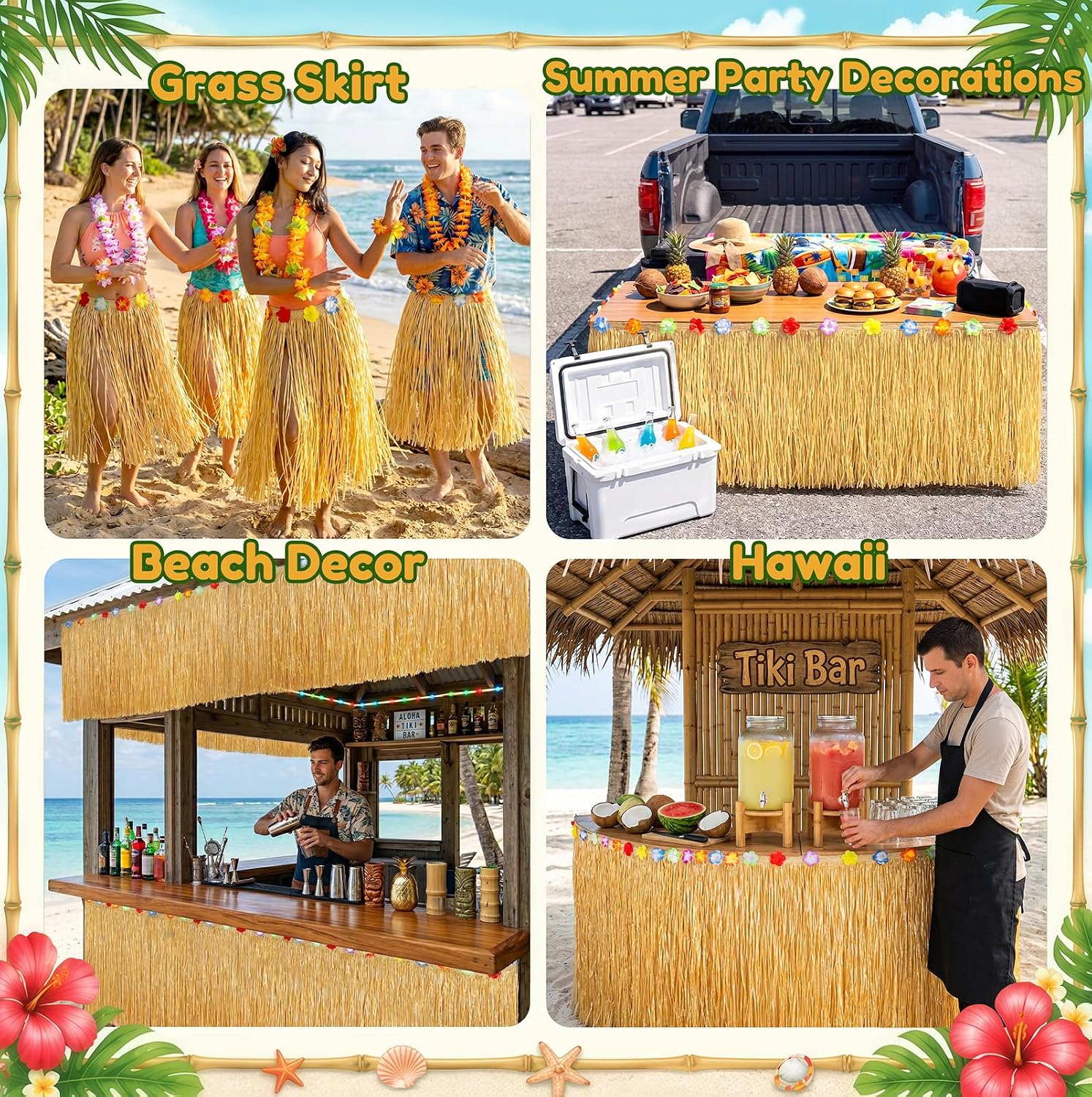 2 Pack Table Skirt Luau Party Decorations, Flower 53.2" X 29.5" Grass Table Skirts for Luau Party Summer Tropical Hawaiian Party Decorations (A-2 Pack)
