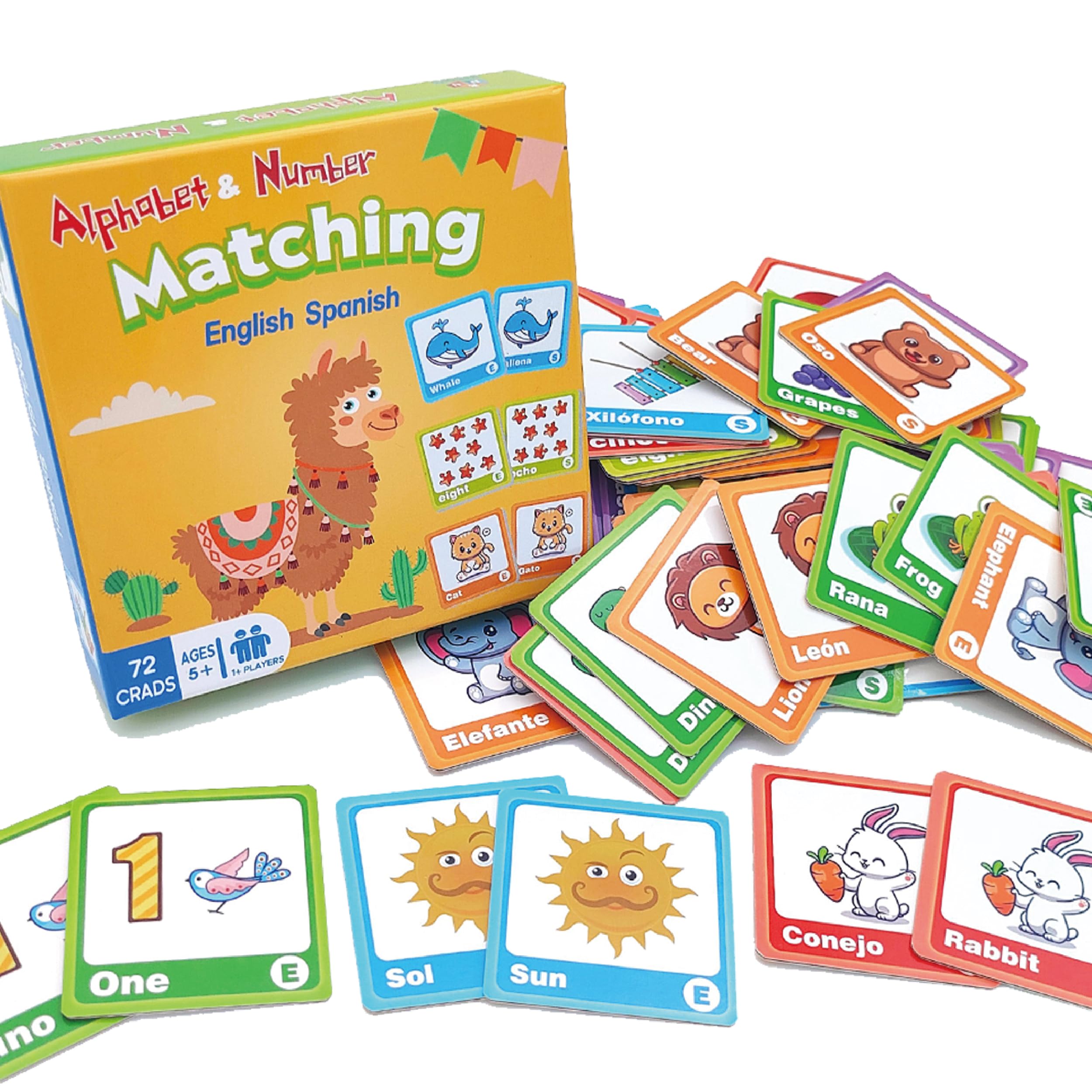 EDUMAETRIX 72 (36 Pairs) Spanish English Bilingual Alphabet Numbers Memory Matching Game Language Learning Games for ESL and Language Immersion for