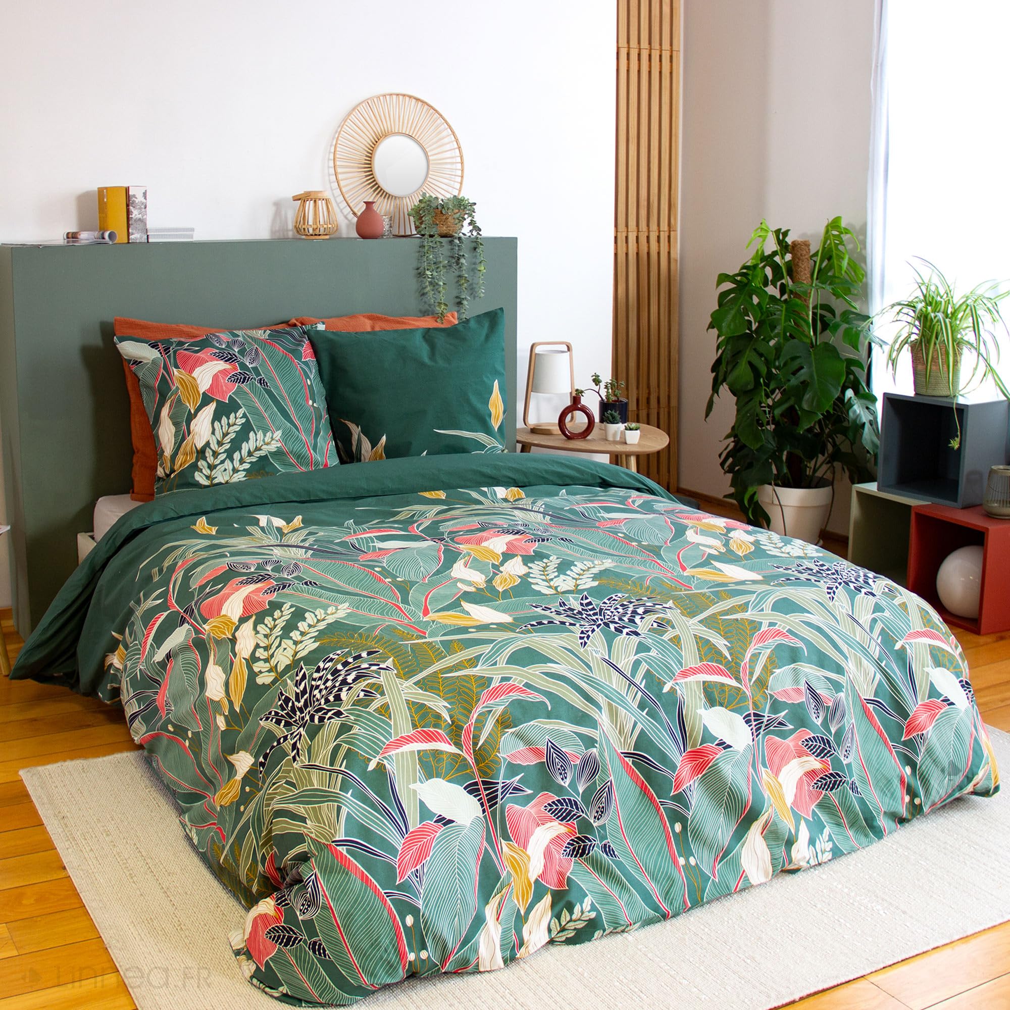 Parure de lit 260x240cm en Coton GIGAJUNG Vert Motif Tropical 3 pièces