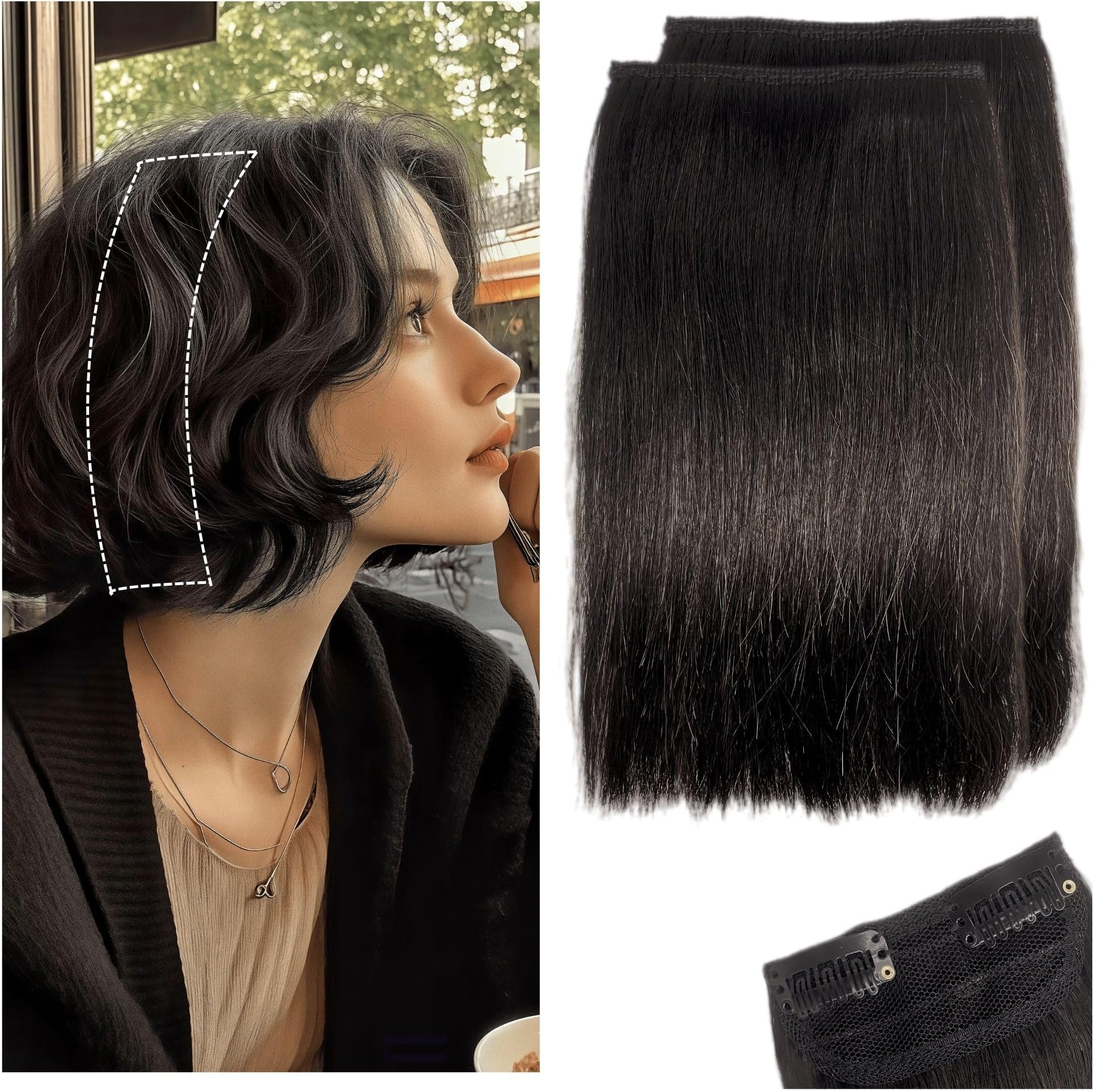 2 Pcs Short Hair Extensions, Human Hair Pieces for Women Adding Volume 6 inch Natural Black