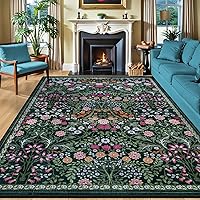8x10 Dark Green Floral Washable Area Rug for Living Room - Vintage Boho Non-Slip Soft Low-Pile Carpet for Bedroom Dining Farmhouse