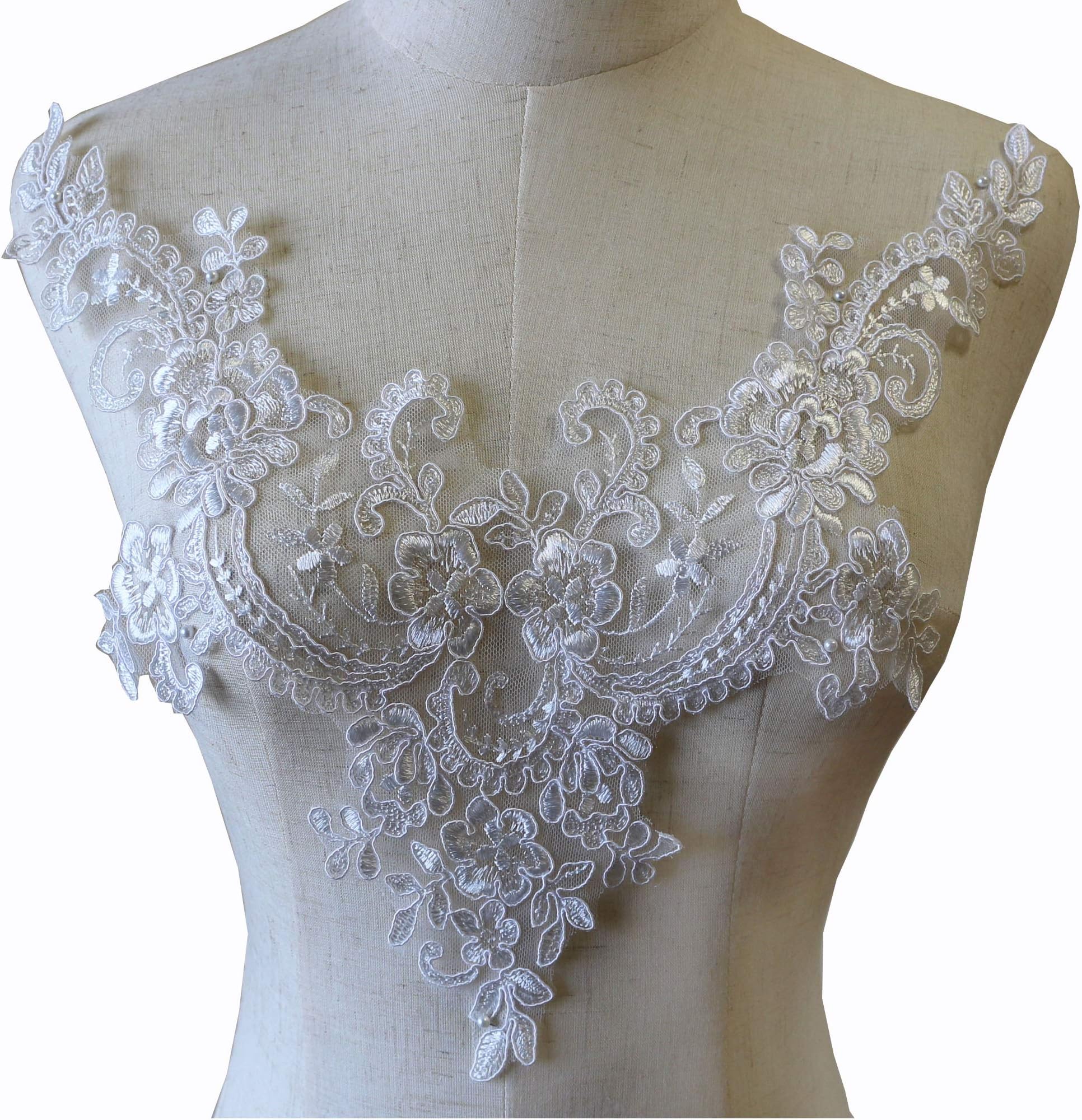 LITTLE PANDADA Ivory V-Neck Lace Applique Embroidery Corded Bodice Appliques Trims Patch for Bridal Dresses Costumes