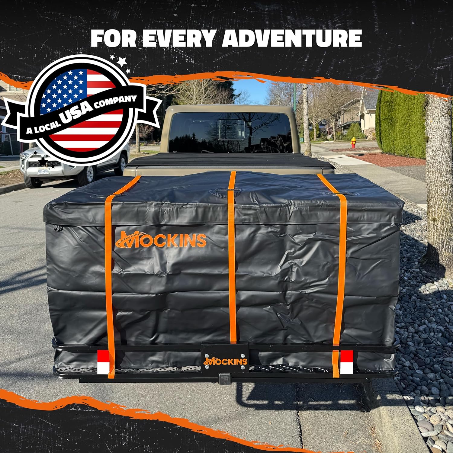 Mockins 60"x36"x6" XL Folding Trailer Hitch Cargo Carrier & 35 Cu.Ft. Tow Hitch Cargo Carrier Bag | 500 Lbs. Capacity Luggage Rack for SUV Car Truck & Soft Waterproof Trailer Rack Bag with Accessories