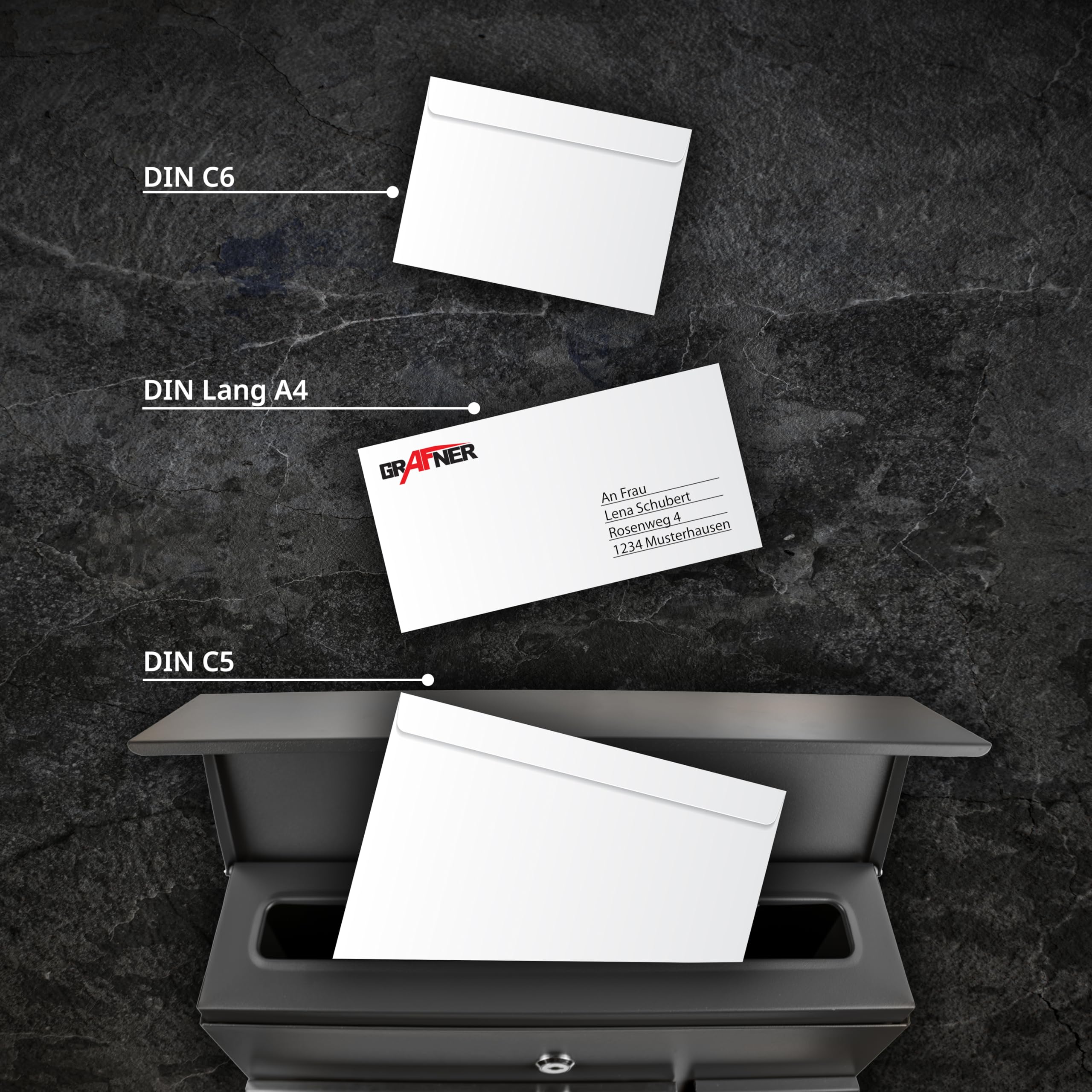 Grafner Premium Briefkasten personalisiert, RAL7016 mit Zeitungsfach und 2 Schlüssel, moderner Postkasten mit Name Straße Hausnummer, anthrazitgrau Wandbriefkasten graviert, mit Montagematerial