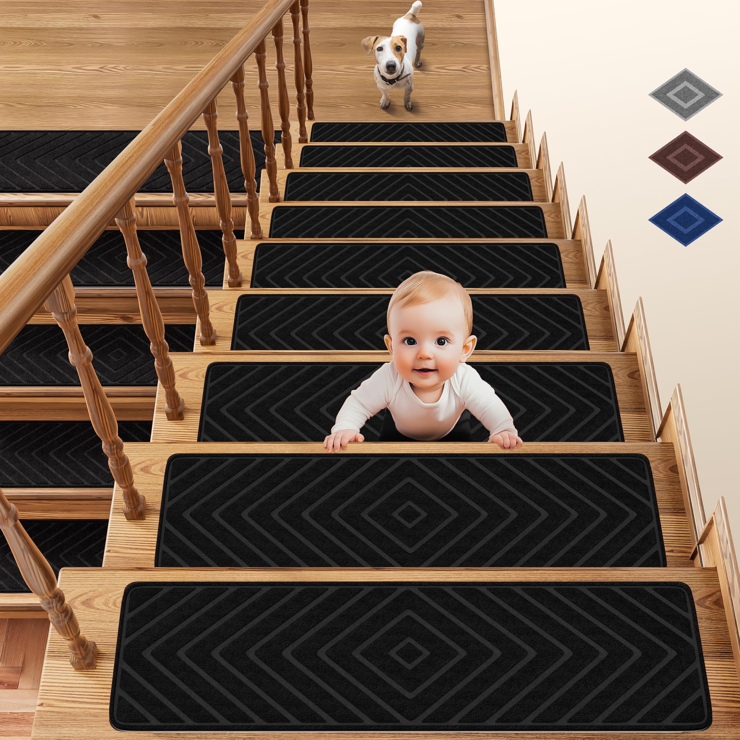 Stair Treads for Wooden Steps 8" X 30" / 20cm*76cm Treads for Stair treads Non Slip Indoor Carpet Stair fit Non Slip Stair treads for Children Elderly and Pets 15 Pack (Black Line, 15-Pack 20x76cm)