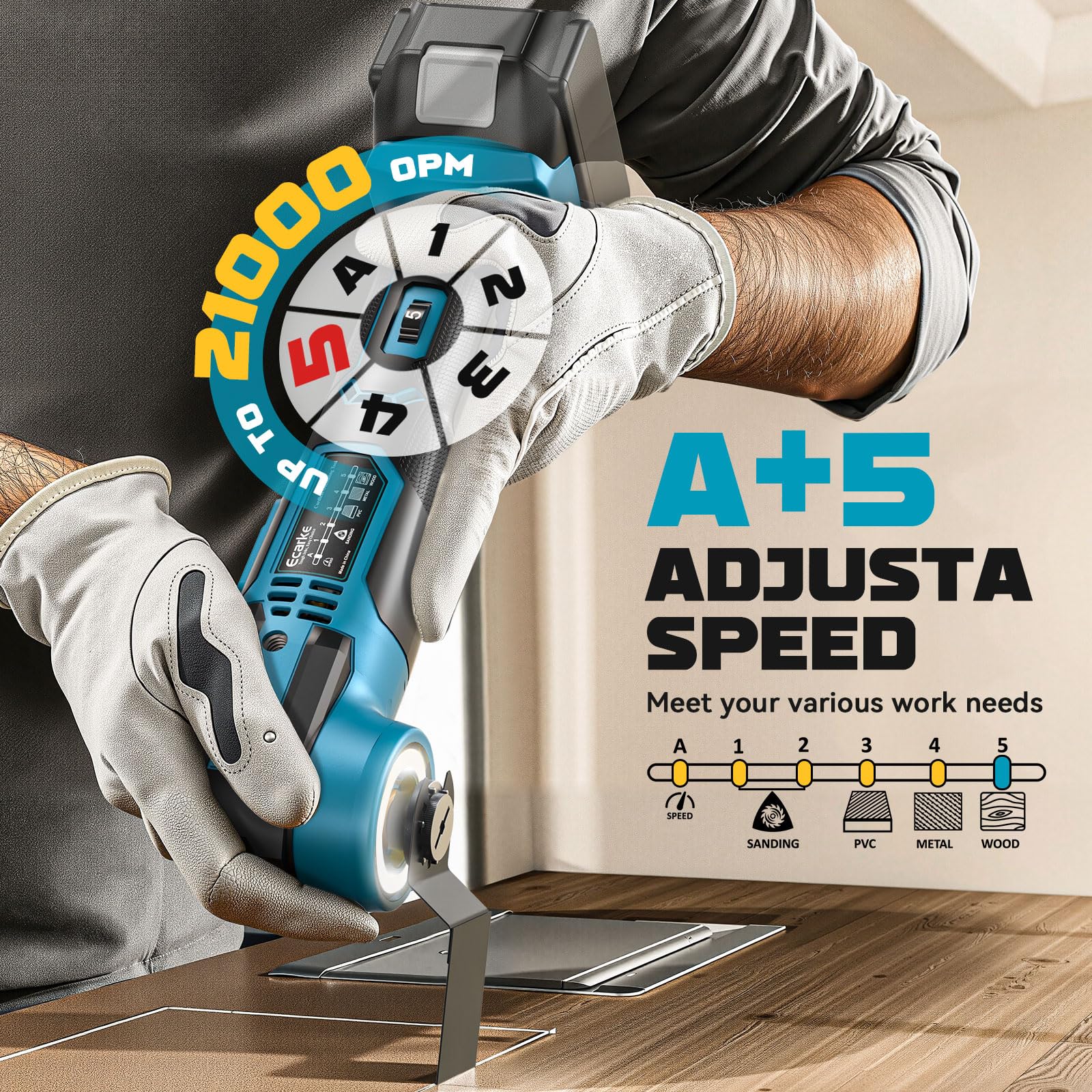 Ecarke Multiherramienta Compatible con Baterías Makita 18V, 5 Velocidades Ajustables, Motor Sin Escobillas, 16 Accesorios, Sistema de Amortiguación Integrado, Luz LED Anular(Solo Herramienta)-Azul