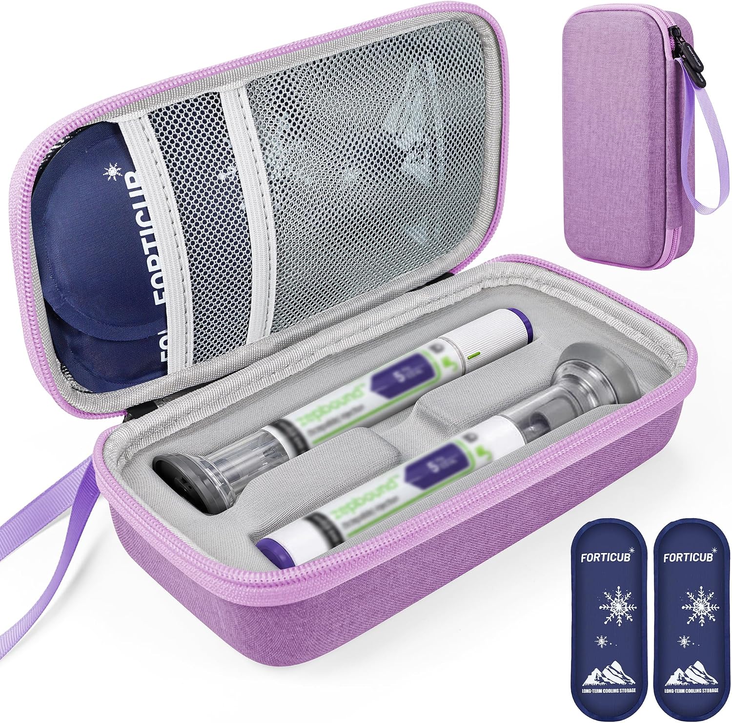 Insulated Cooler Travel Case for 2 Zepbound & Mounjaro Injector Pens, TSA Approved Tirzepatide Pen Holder with Ice Pack, Dual-Layer Mesh Pocket, Protection Case for Travel (Purple, Fits 2 Pen)