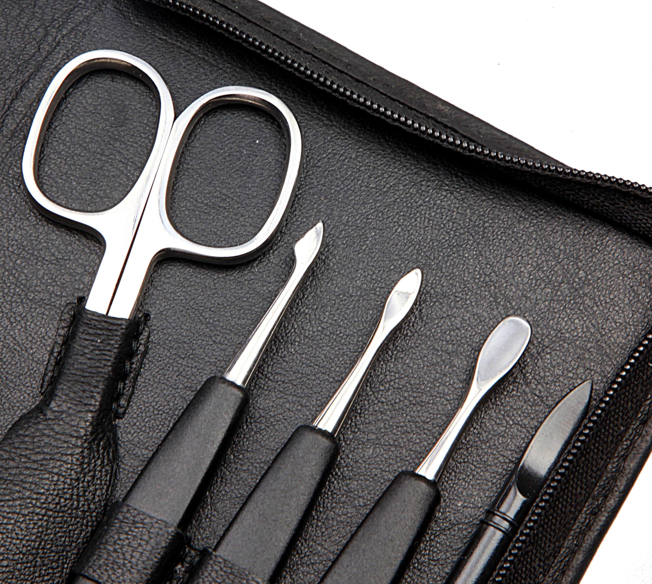 Sonnenschein by Hans Kniebes – 11-tlg. Maniküre Set – Nagelschere, Hautschere, Nagelzangen, Pinzette, Feile, Knipser – Maniküre-Etui aus Nappa-Lammleder Schwarz
