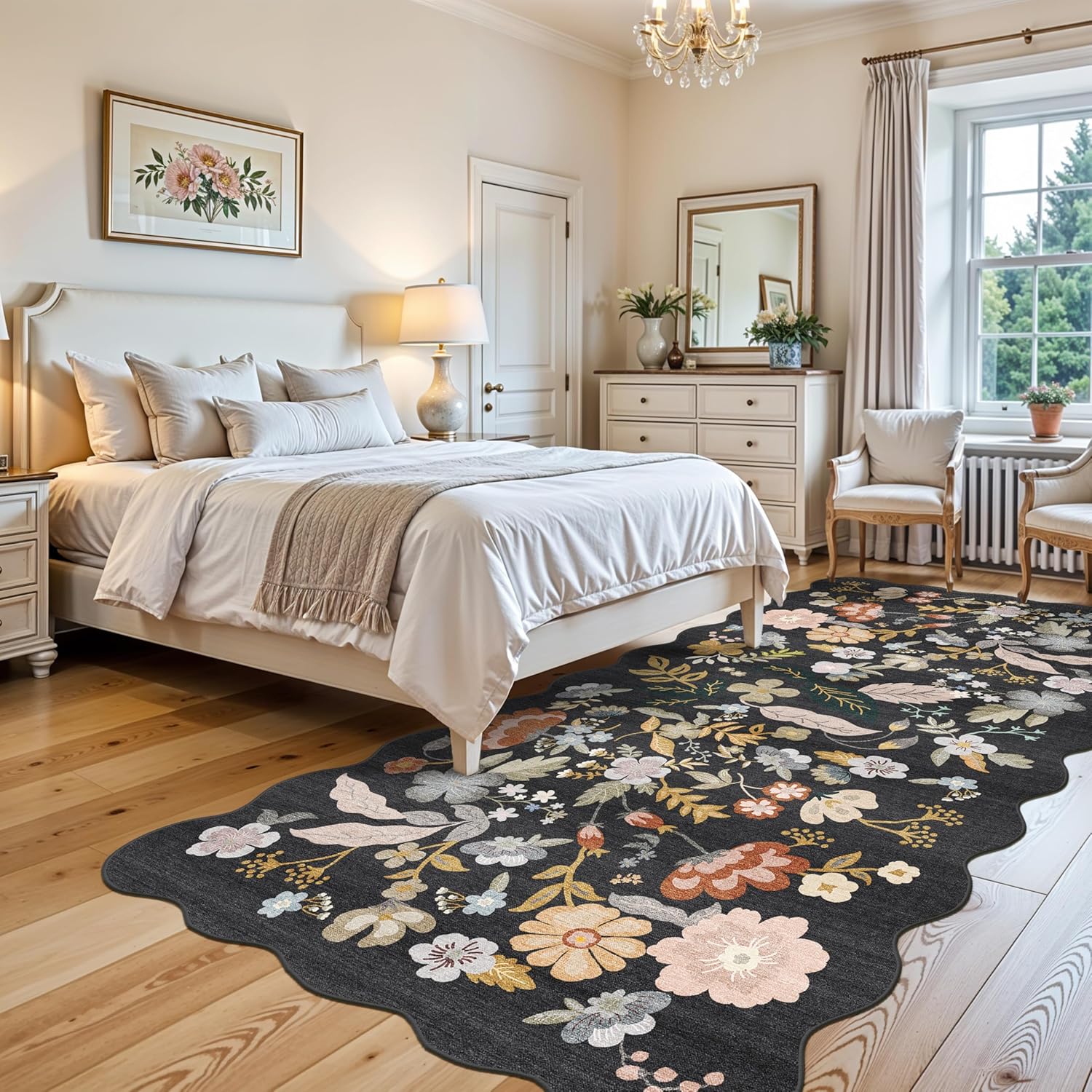 4x8 Rug Non-Slip Washable – Boho Scalloped Runner Rug for Indoor Entryway, Kitchen, Bathroom, Hallway – Low-Pile Thin Floral Wide Carpet Runner for Bedroom, Living Room, Office (Black,4x8) - Image 4