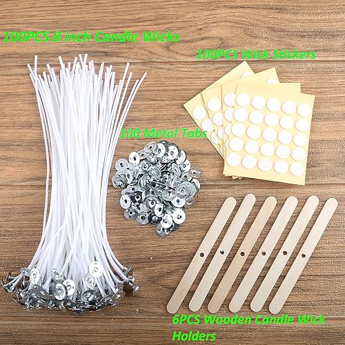 Miniatura 10 de MILIVIXAY 100 mechas de vela de 10 pulgadas con 100 pestañas de metal, 100 calcomanías de mecha de vela y 6 soportes de mecha de vela de madera,