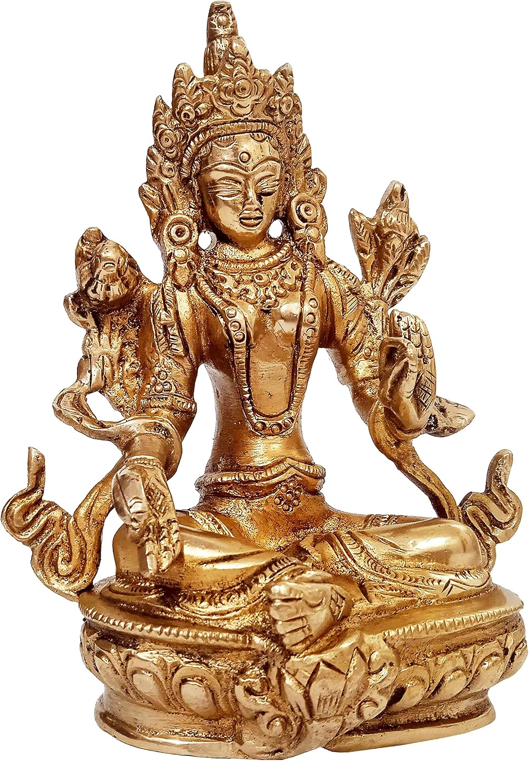 Purpledip Brass Statue Green Tara, Female Bodhisattva: Tibetan Buddhist Goddess (11428), Golden, Standard