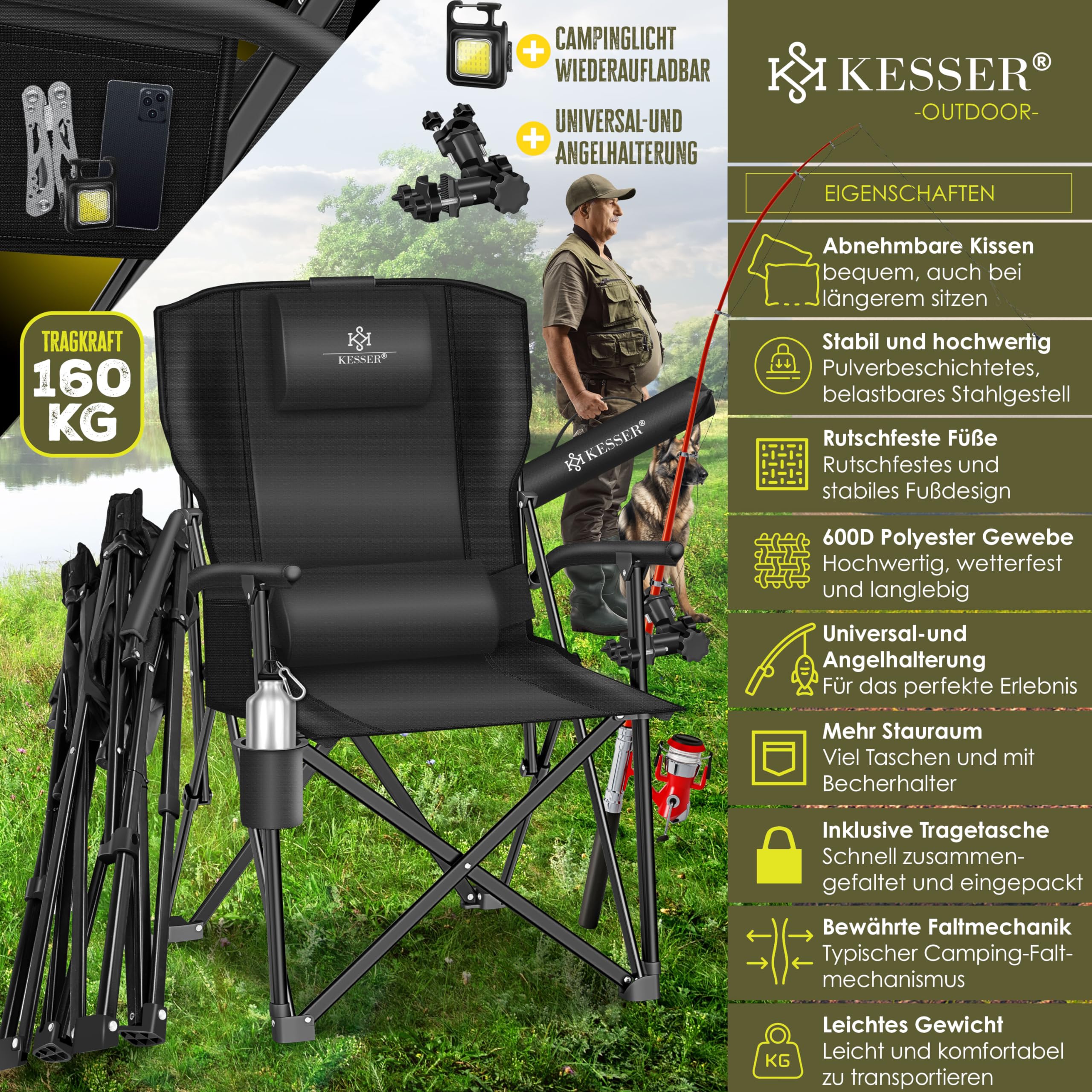 KESSER® Campingstuhl faltbar bis 160 kg | Angelstuhl Faltstuhl Klappstuhl Gepolstert mit Armlehnen | Campinglicht und Getränkehalter + Tasche mit hoher Rückenlehne | Strandstuhl mit Angelhalterung