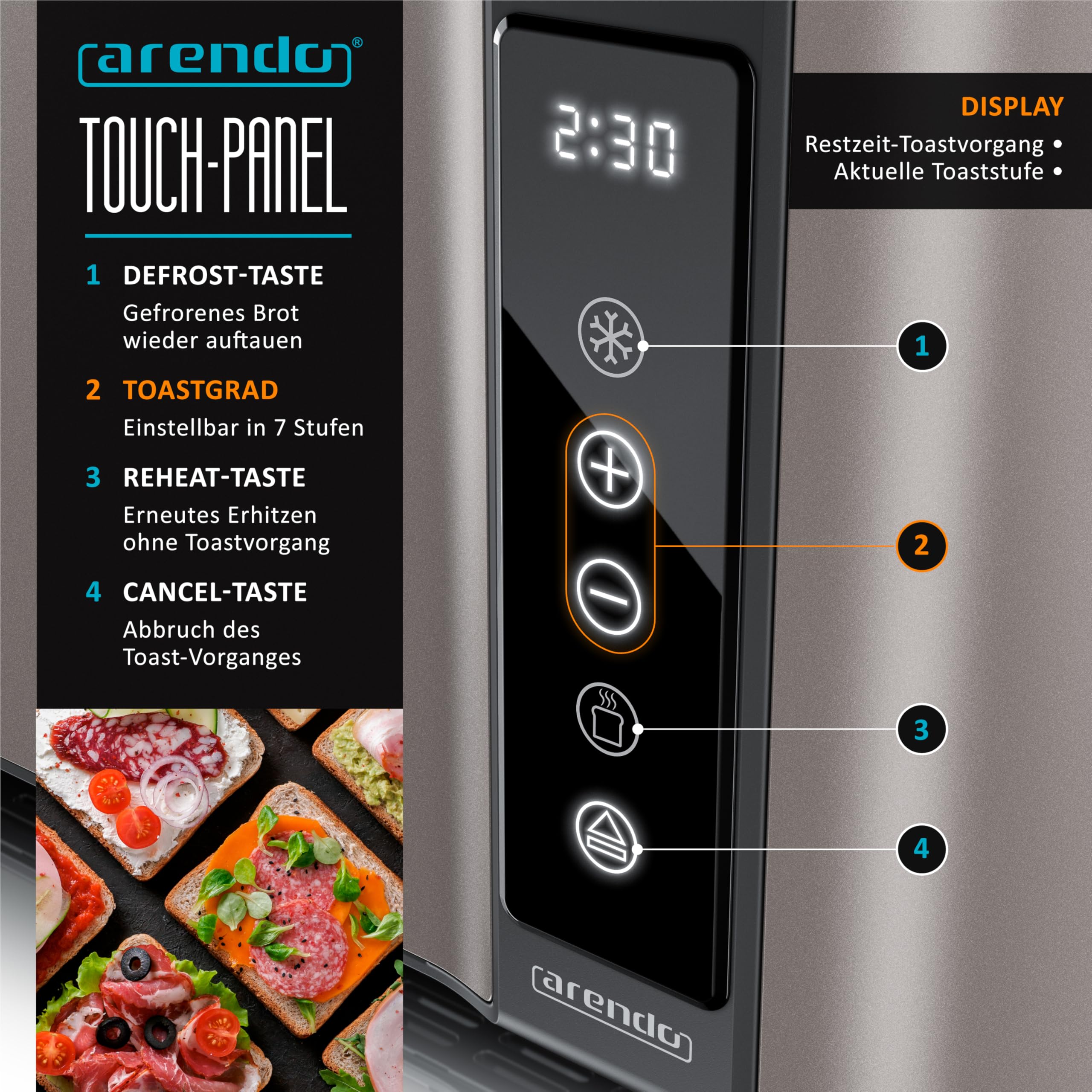 Arendo - Edelstahl Toaster Langschlitz 4 Scheiben- Touchscreen – Doppelwandgehäuse – 1500 W – Integrierter Brötchenaufsatz – 7 Bräunungsgrade – Brotzentrierung – Restzeitanzeige – Memoryfunktion