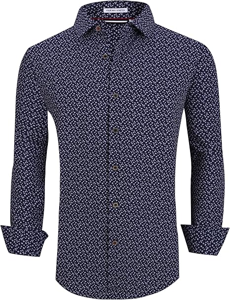 Alex Vando Mens Button Down Shirts Wrinkle Free 4-Way Stretch Print Business Casual Shirt