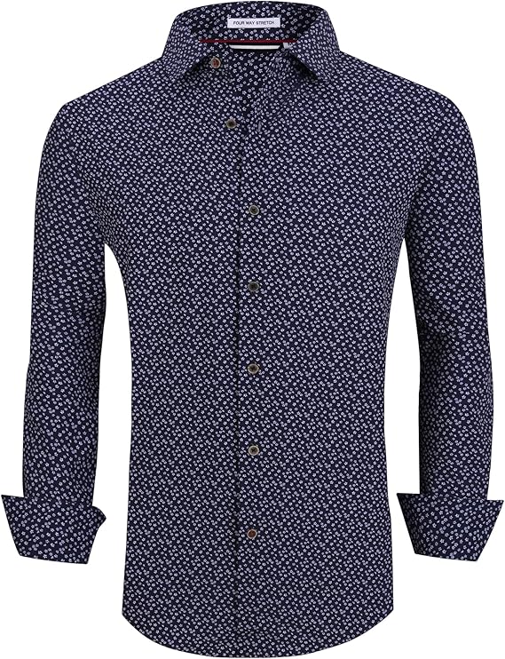 Alex Vando Mens Button Down Shirts Wrinkle Free 4-Way Stretch Print Business Casual Shirt