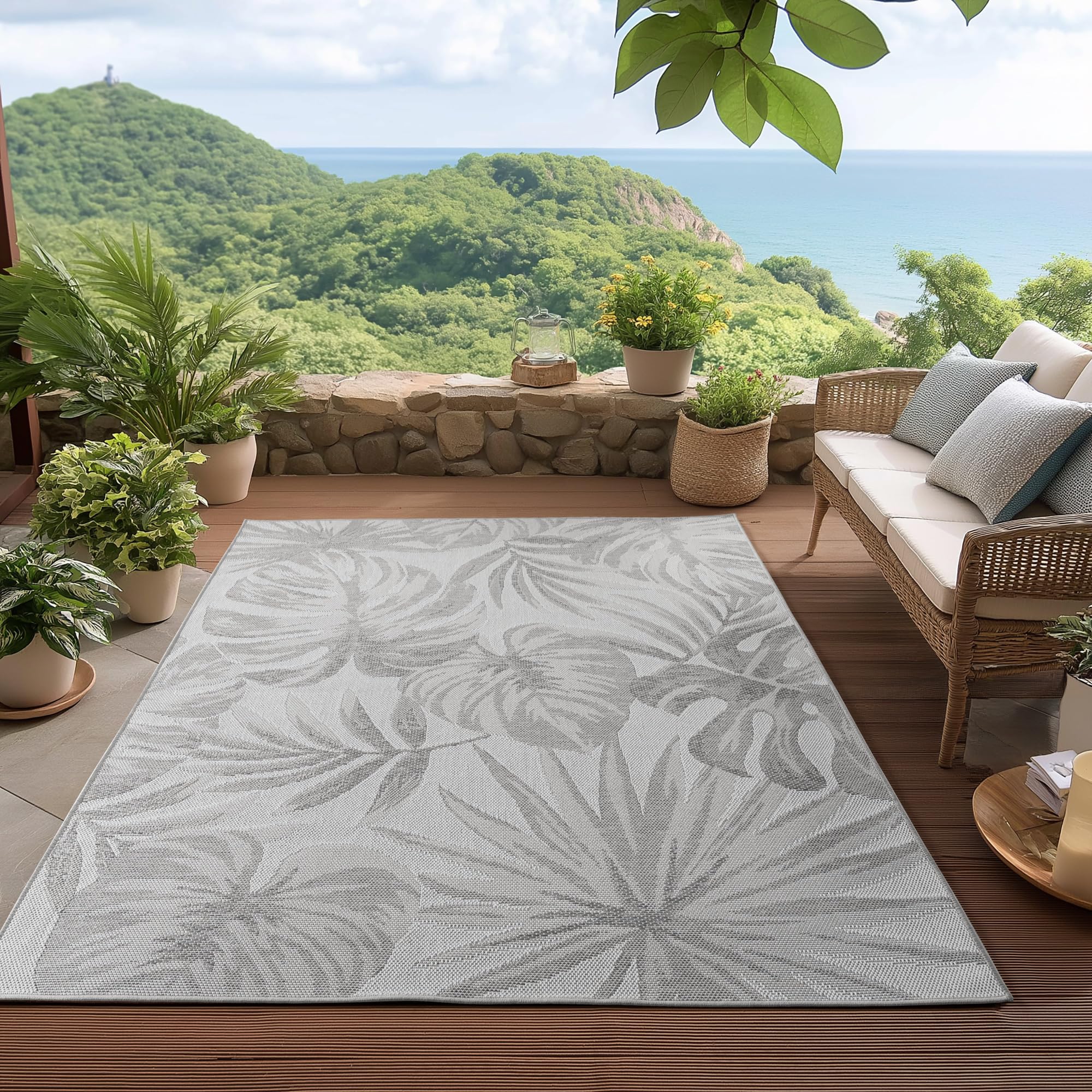 HomebyHome Outdoor Teppich Beige Wetterfest UV-beständig Pflegeleicht Skandinavisches Boho Design für Küche Balkon Terrasse Garten Wohnzimmer Esszimmer