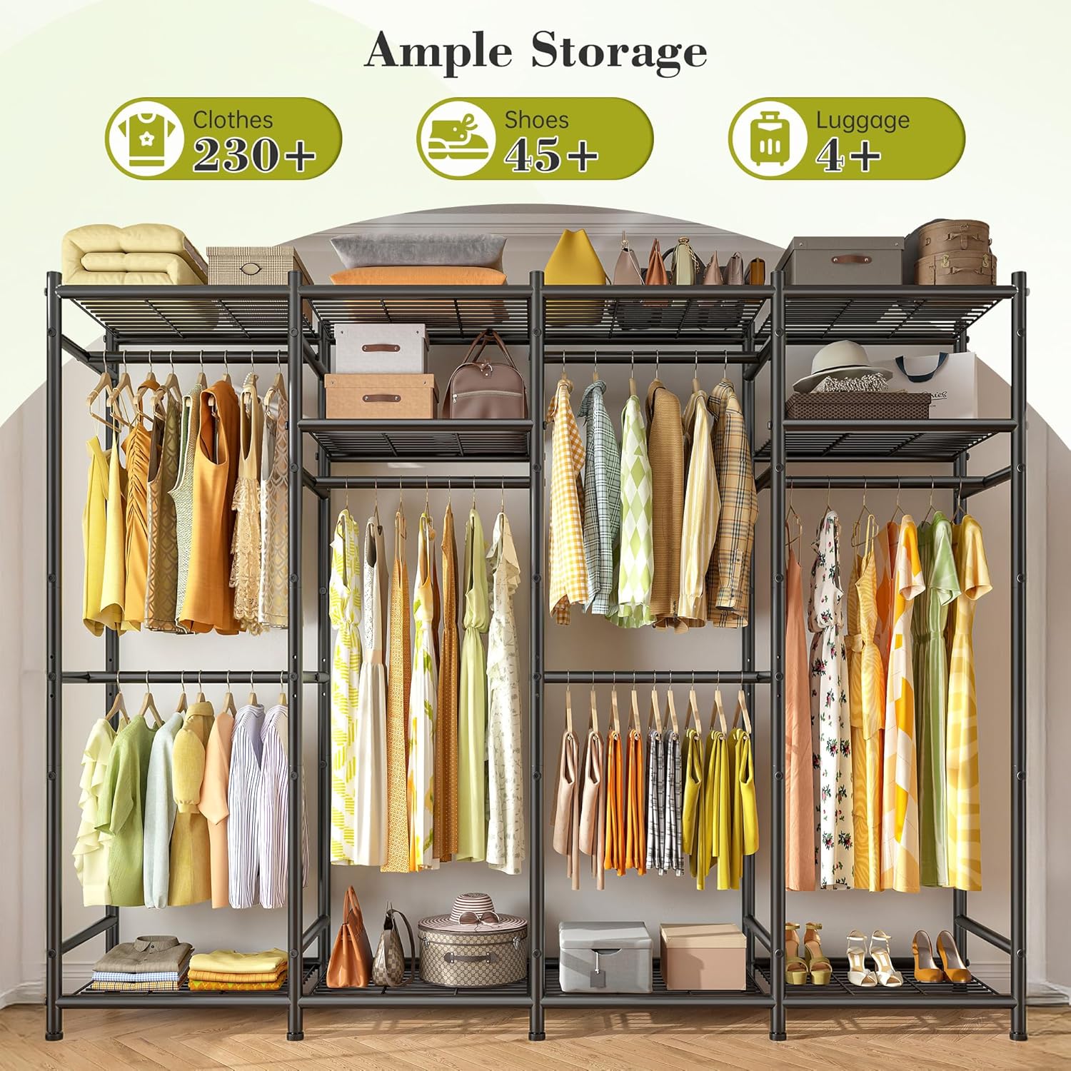Raybee Portable Closet,Clothes Rack with 6 Hang Rods & 10 Shelves,Clothing Racks for Hanging Clothes,Metal Garment Rack for Bedroom,Large Capacity,Adjustable,Stury 77.9" W x 15.7" D x 76.8" H Black