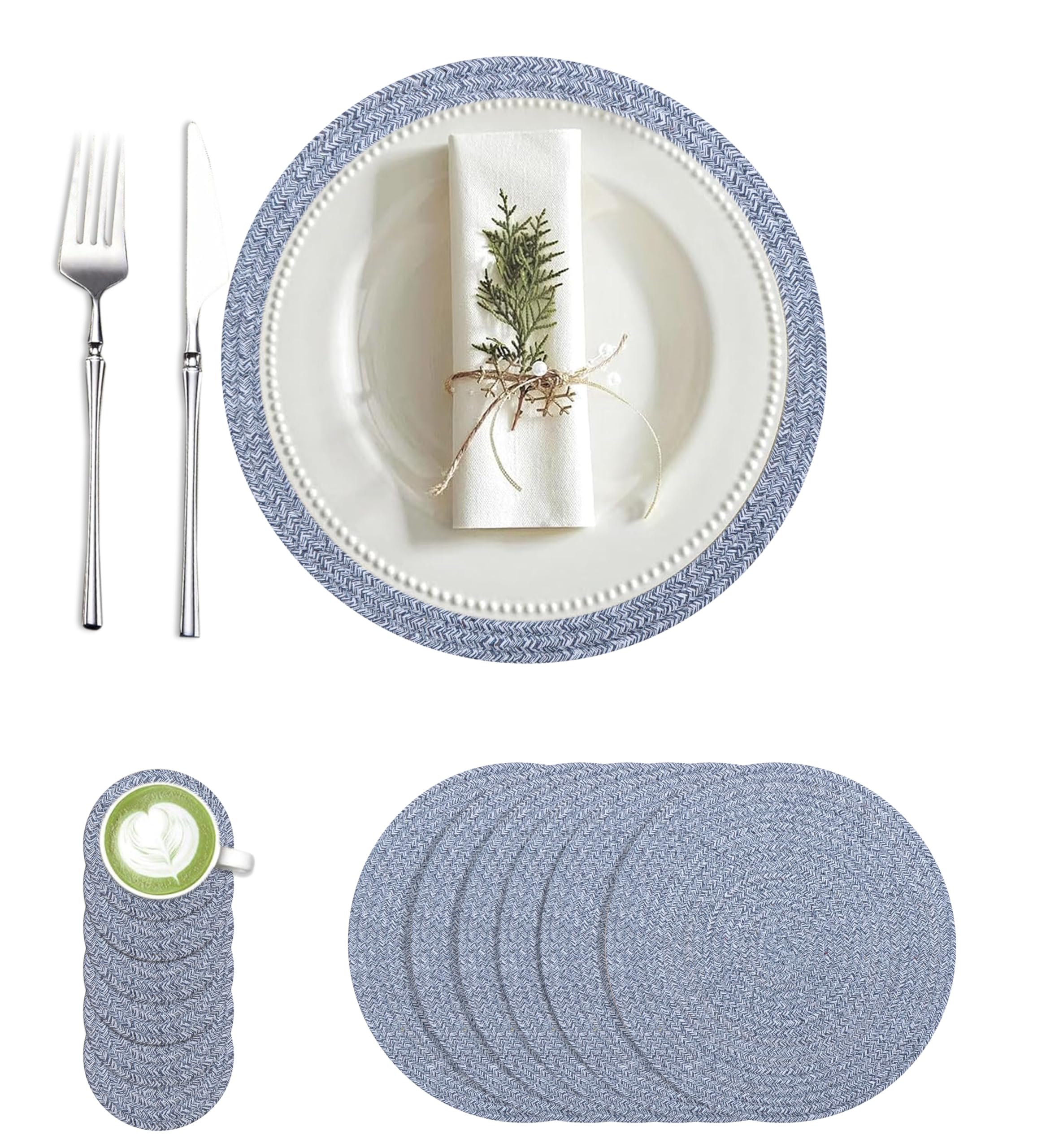 Blissful Cotton Placemats & Coasters Set | Round Woven Design | 6 Placemats (30 CM) + 6 Coasters (11 CM) with Storage | Eco-Friendly, Heat Resistant & Easy to Clean. (Grey)-image-0